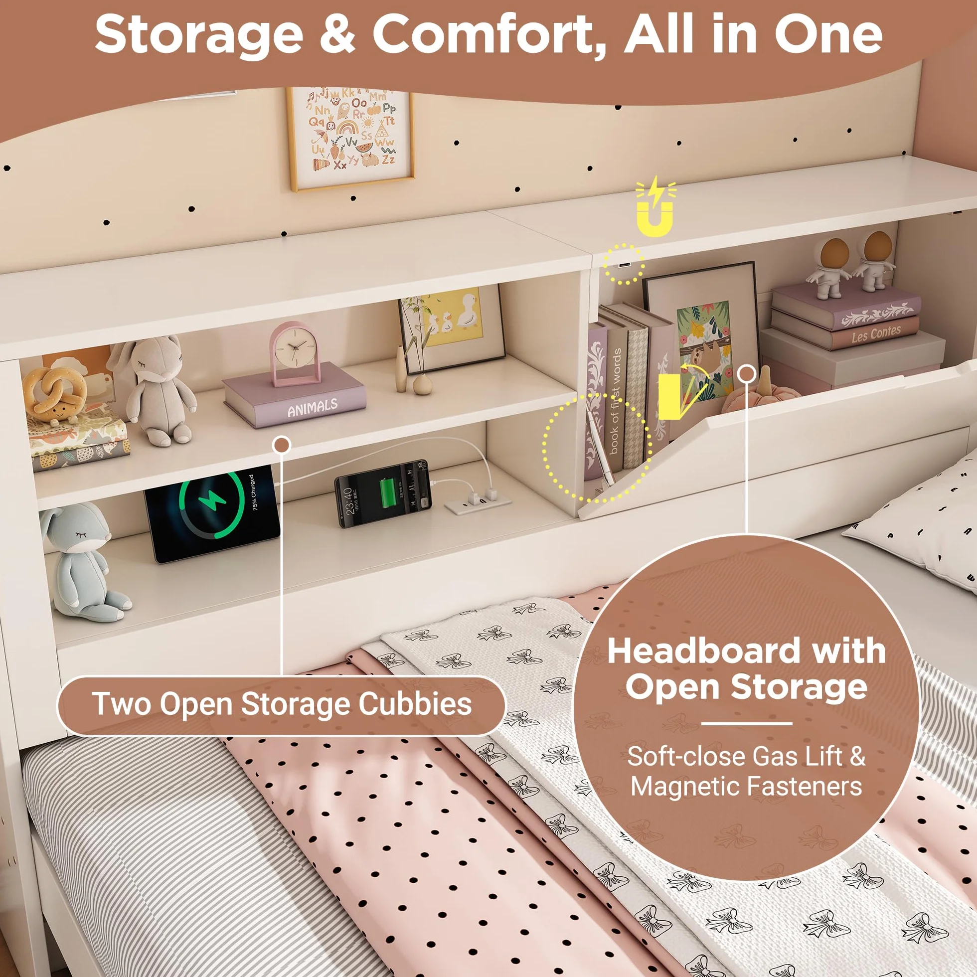 Zepneiy Lit 90x200 avec gigogne 90x190, Canapé lit avec Panneau arrière de Rangement et Compartiment Ouvert, Lit Enfant avec Station de Charge USB-C et sommier à Lattes, Blanc(sans Matelas)