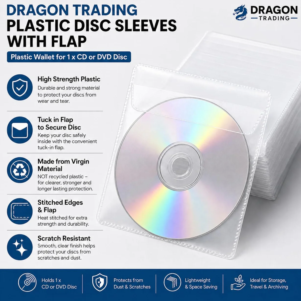 Dragon Trading 25 x CD DVD Disque en Plastique de Cas Transparent 80 microns Manches Wallet