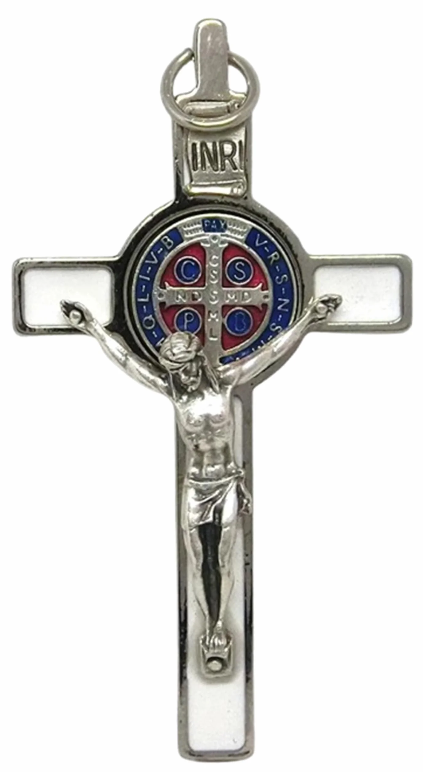 GTBITALY Croix de Saint Benoît Deluxe 8 cm blanche médaille INRI émaillée argentée exorcisme