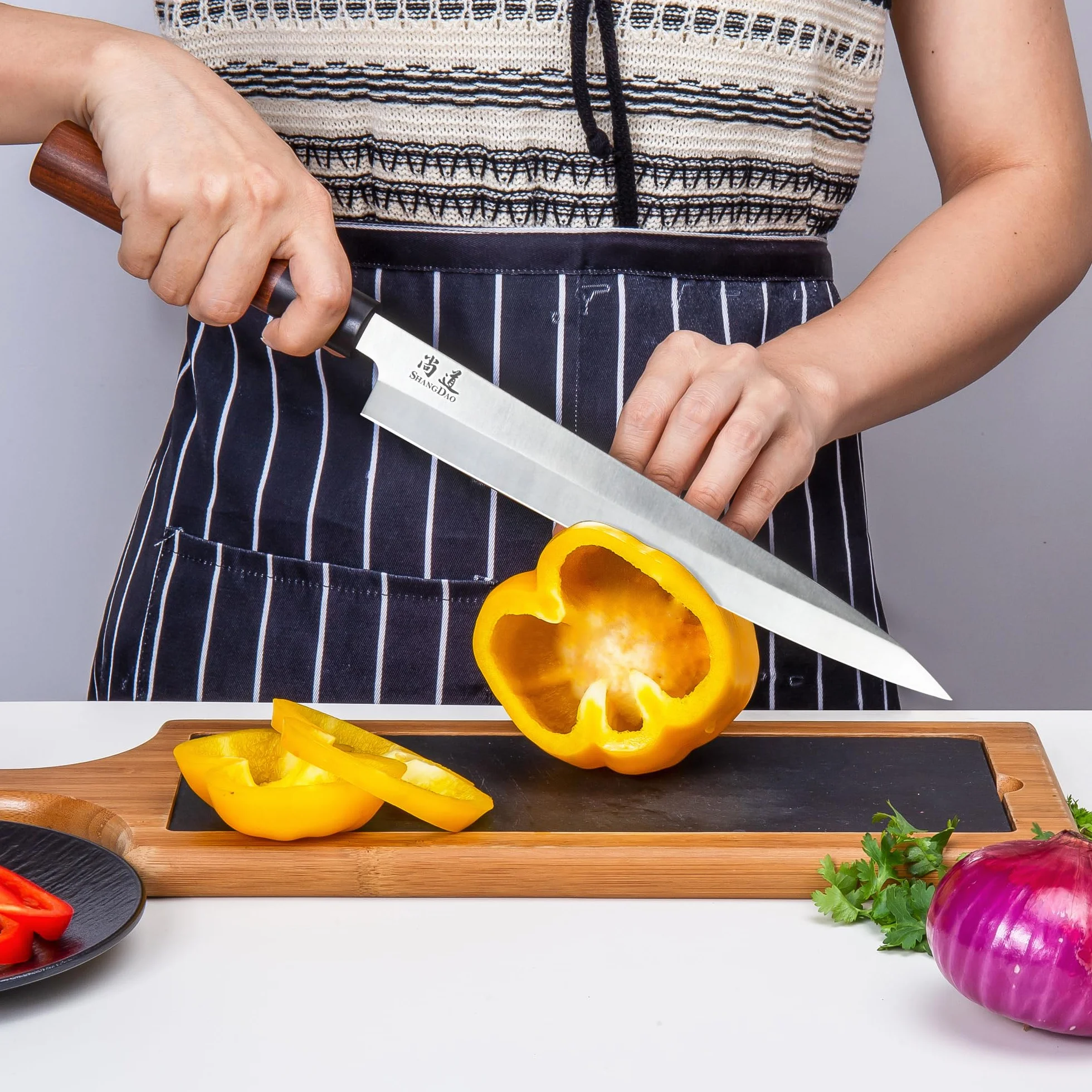 SHANGDAO Couteau à sushi Sashimi 10 pouces, couteau japonais Yanagiba pour couper les filets et trancher le poisson, acier inoxydable allemand de qualité supérieure et manche en bois traditionnel