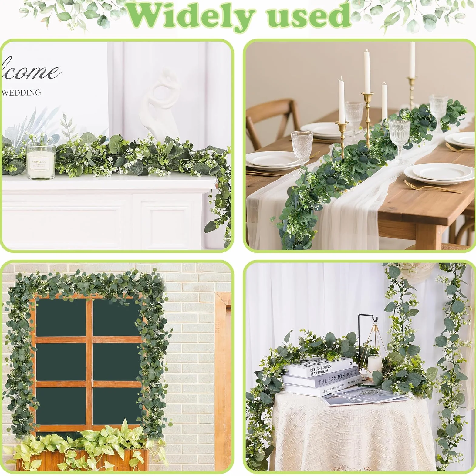 Guirlandes Artificielles d'Eucalyptus 1.8m avec Fleurs Blanches pour Mariage, Salon, Mur