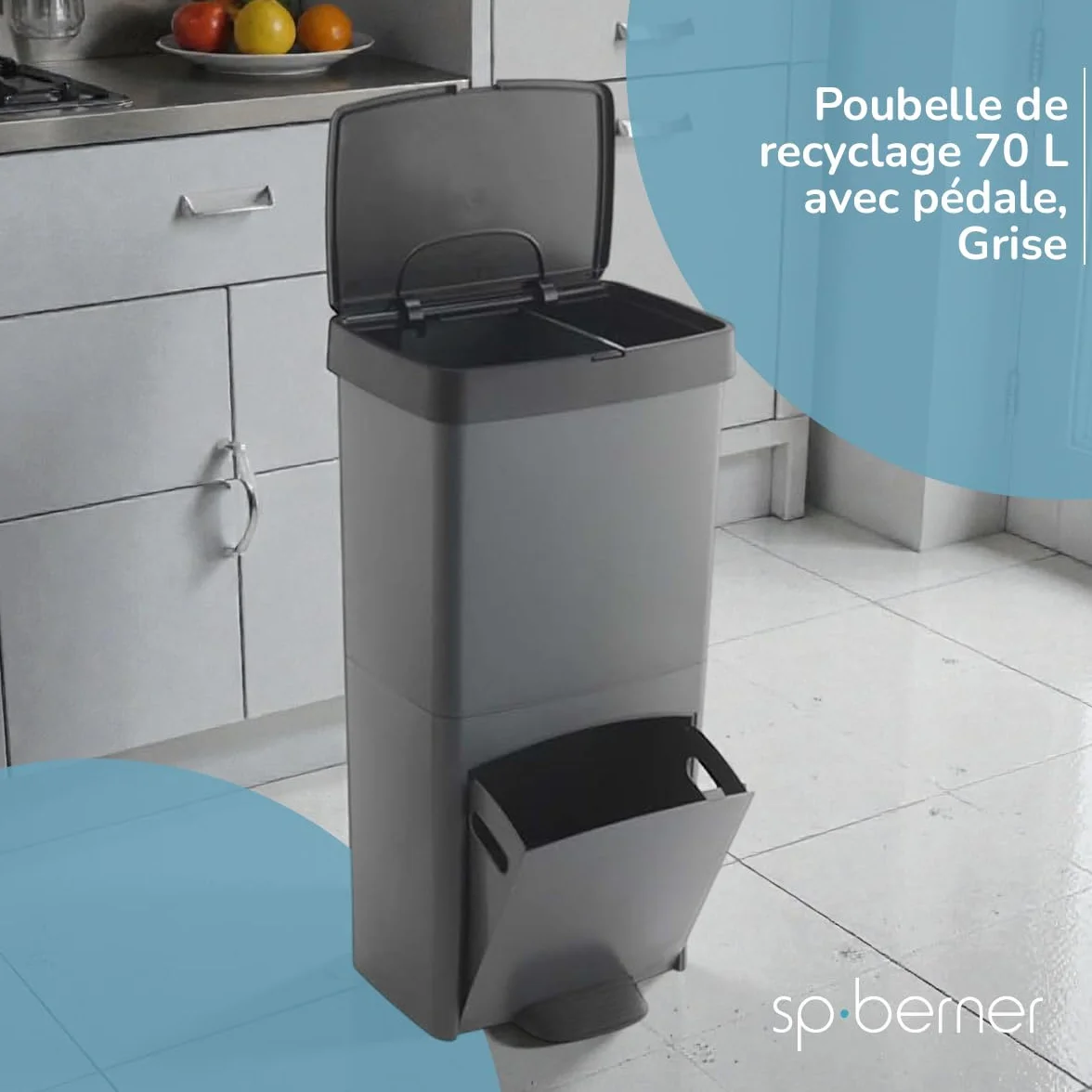 Poubelle de recyclage 70 L avec pédale 3 compartiments Gris anthracite