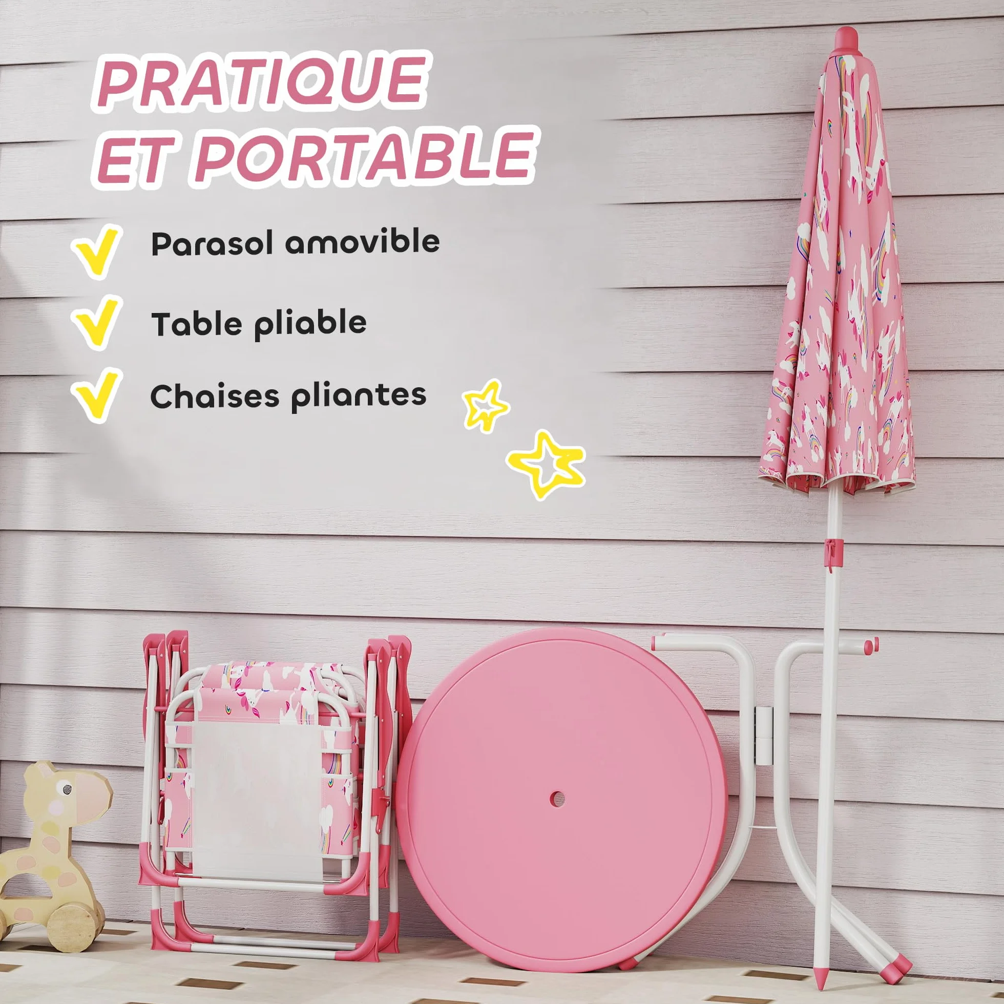 AIYAPLAY Ensemble Salon de Jardin Enfant Table avec Chaise 4 Pièces Motif Éléphant Girafe Parasol Réglable Ø 100 cm Pliable Rose