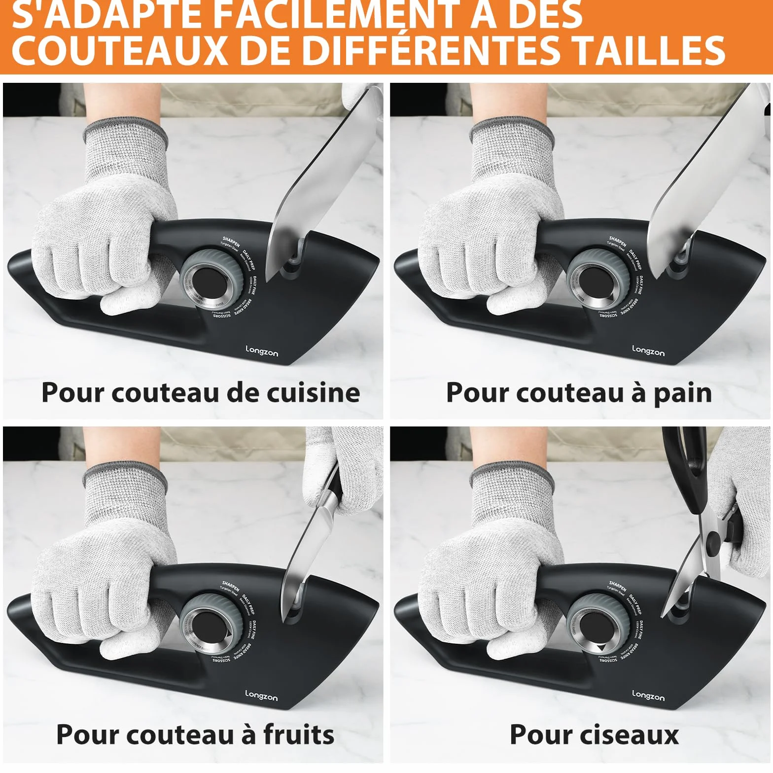 Longzon Aiguiseur Couteaux 5 en 1 Affuteur Couteau Professionnel avec Gants Anti-coupure, Manuel à Bouton Réglable pour Acier et Dentelés