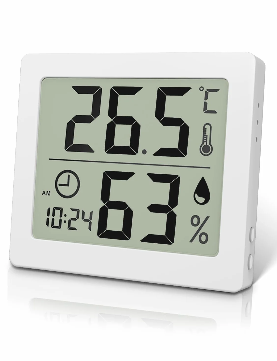 Thermo-Hygromètre numérique d'intérieur avec grand écran LCD 3,2" et horloge (Blanc)