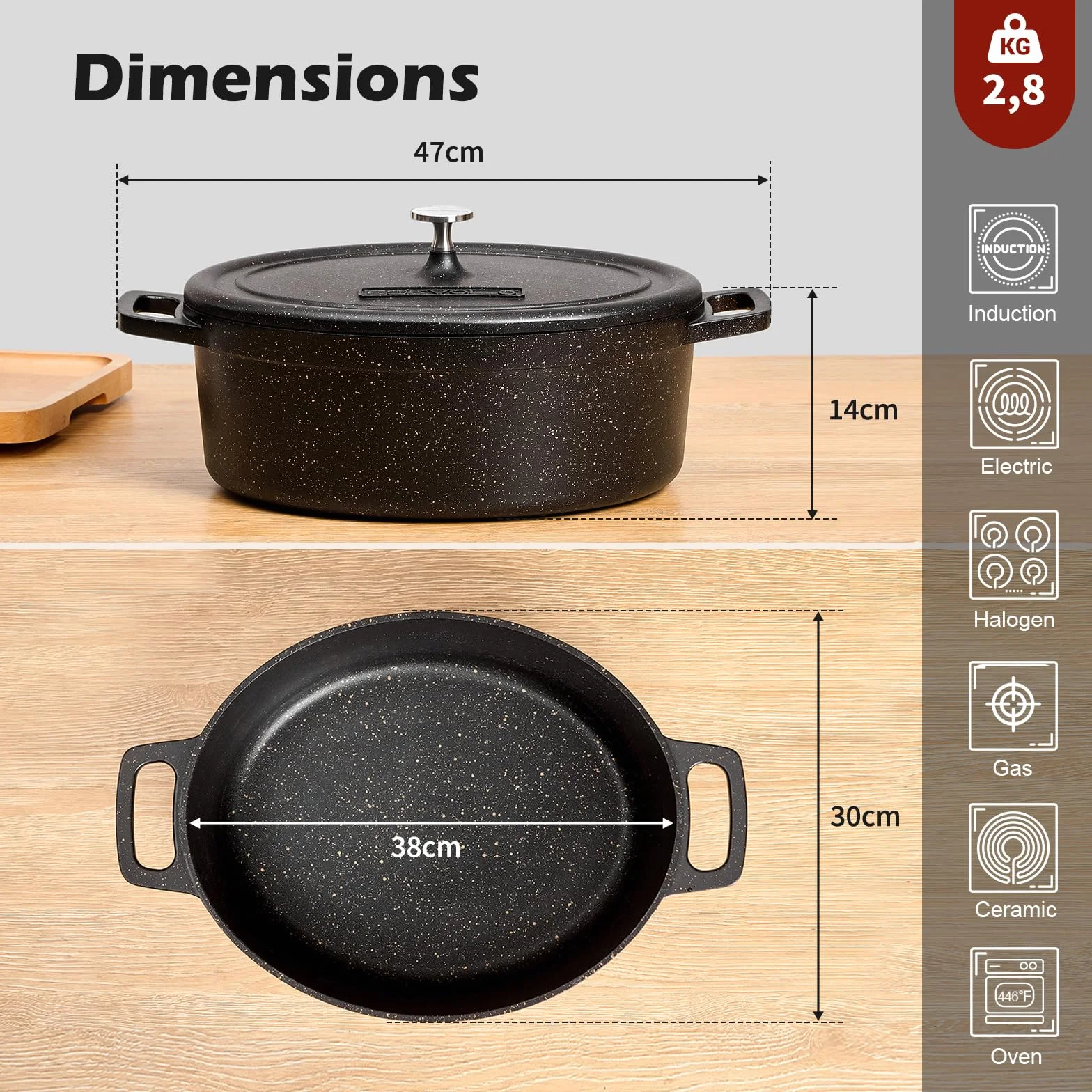 Cocotte Fonte Induction 11 Litres 38cm Ovale Faitout en Fonte d’Aluminium avec Revêtement Antiadhésif, Marmite avec Couvercle, Idéale pour les Grandes Familles, Four et Gaz, Noir