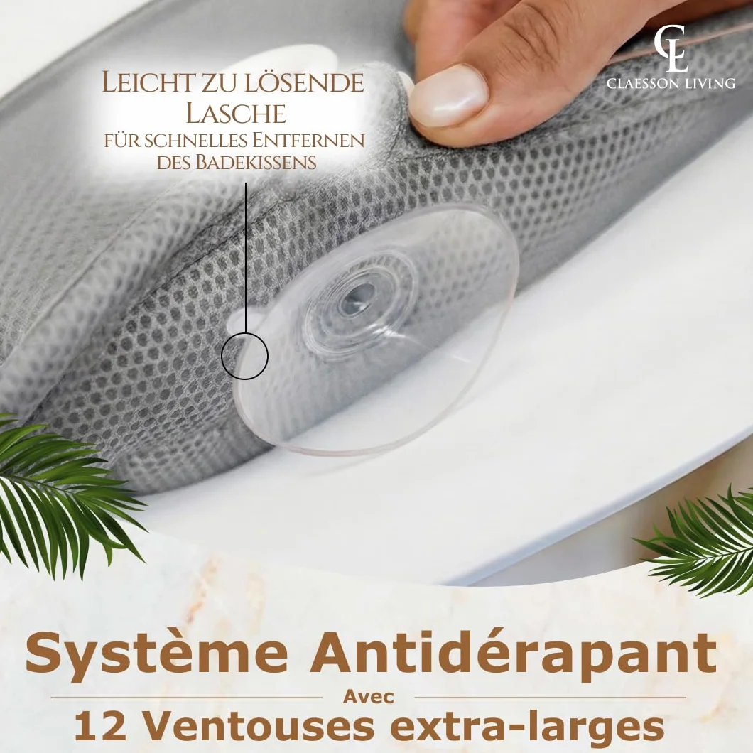 Coussin Baignoire Corps Complet Claessonliving (126x41cm) - Matelas de Bain avec appuie-tête (13cm) & Supports Corps - Coussin Baignoire Adulte - Oreiller Baignoire - Sacs de Lavage Inclus - Gris