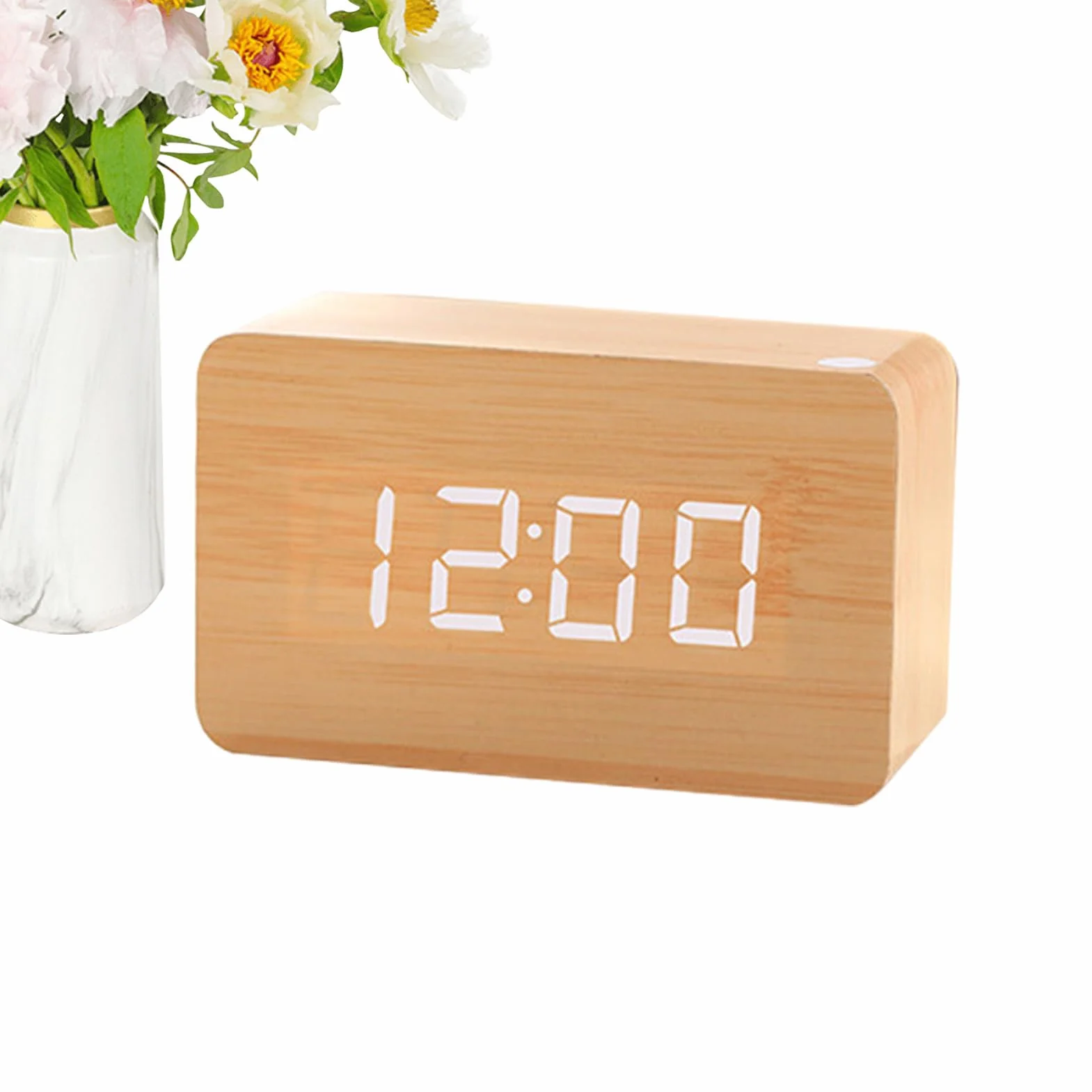Réveil Numérique en Bois avec LED Intelligente Luminosité Réglable Commande Sonore