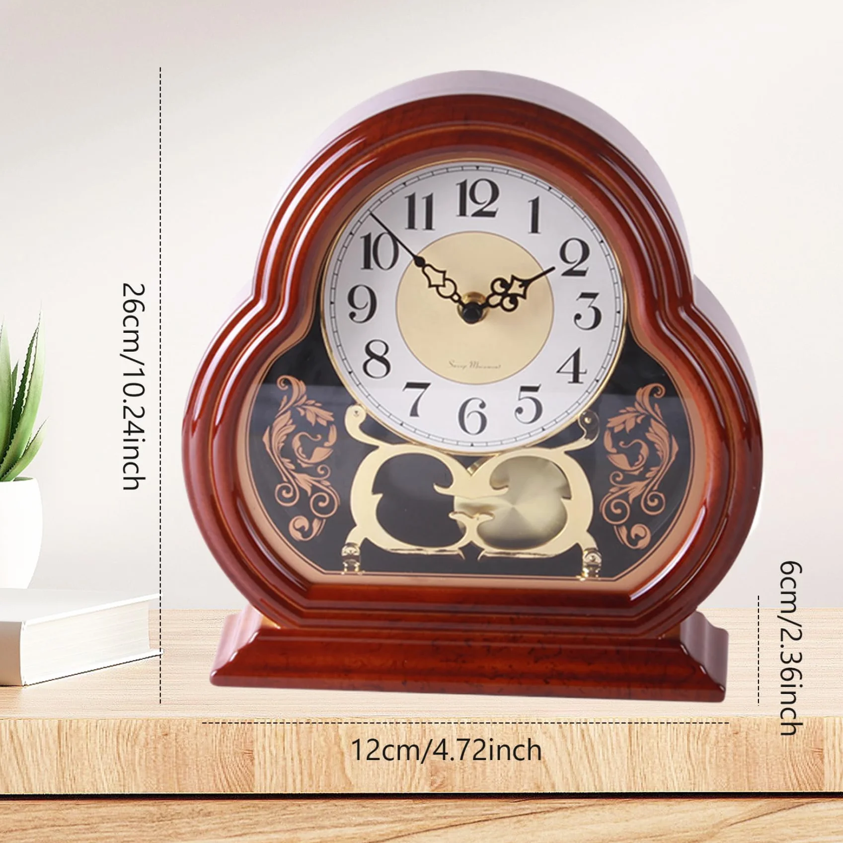 Horloge de Cheminée en Bois de Noyer Vintage Silencieuse avec Balançoire Pendule pour Salon Bureau