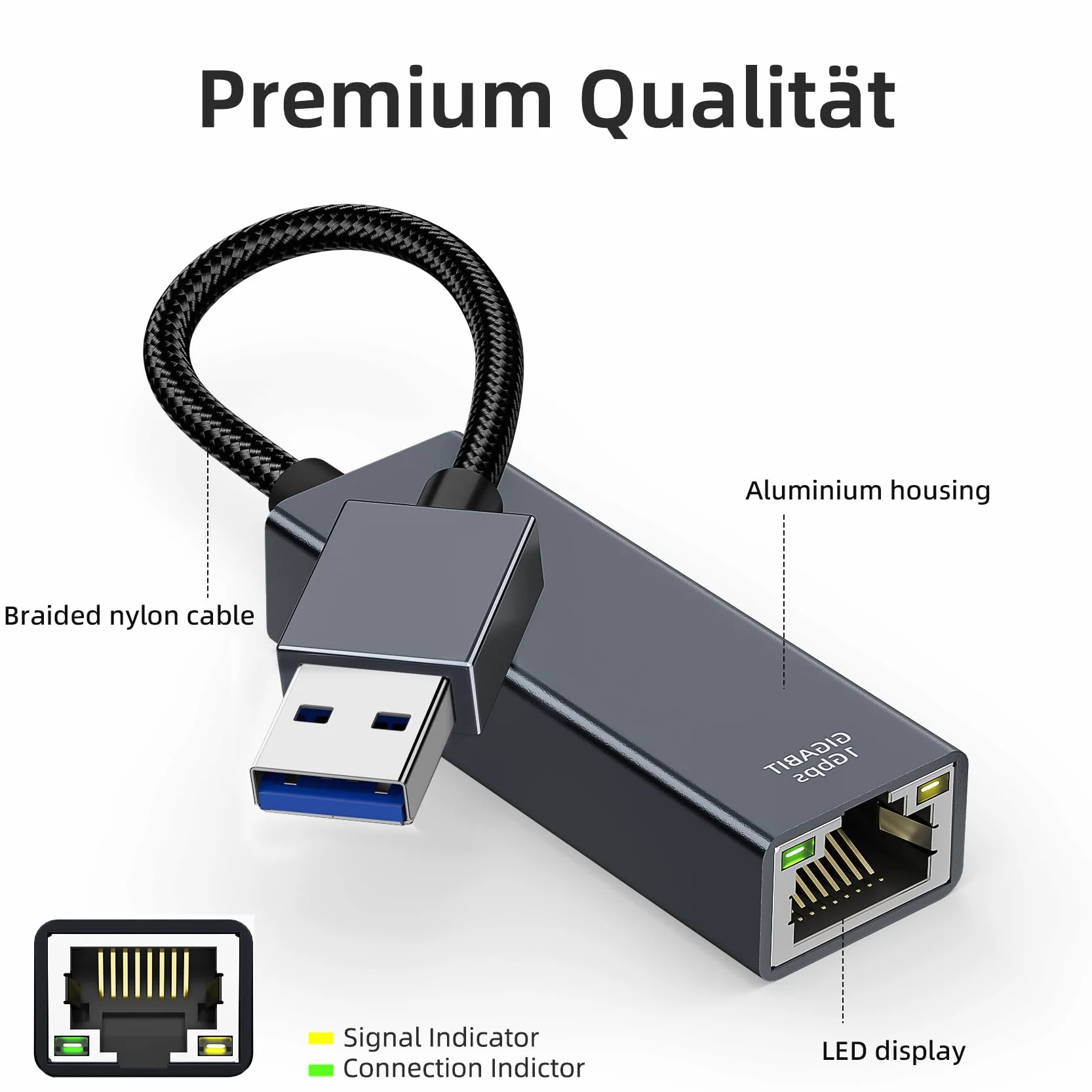 Adaptateur USB 3.0 vers Ethernet RJ45 1000 Mbps en aluminium et nylon pour ordinateur portable MacBook Surface PC