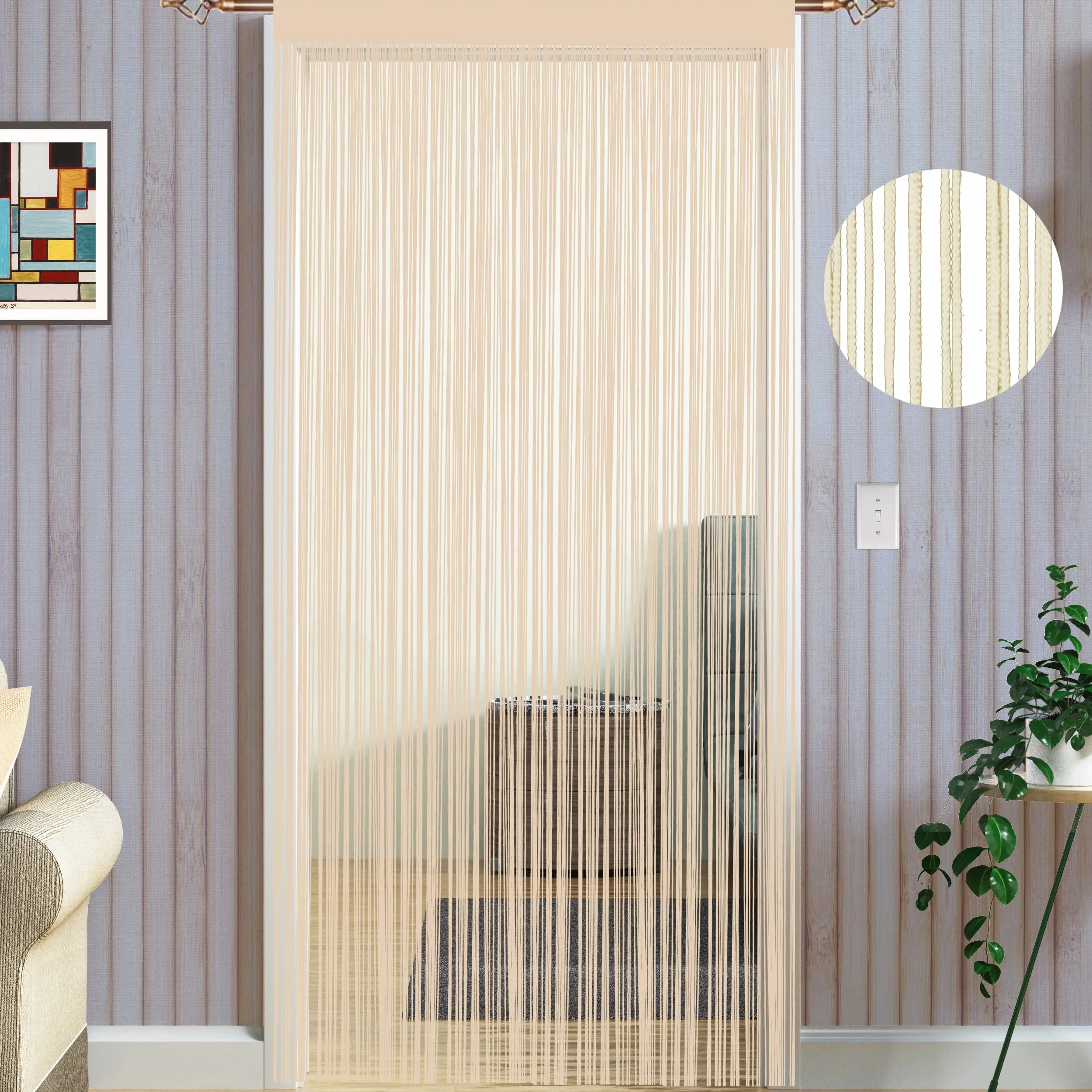 Taiyuhomes Rideau à cordes spaghetti 90x200cm beige grille moustiquaire fenêtre porte