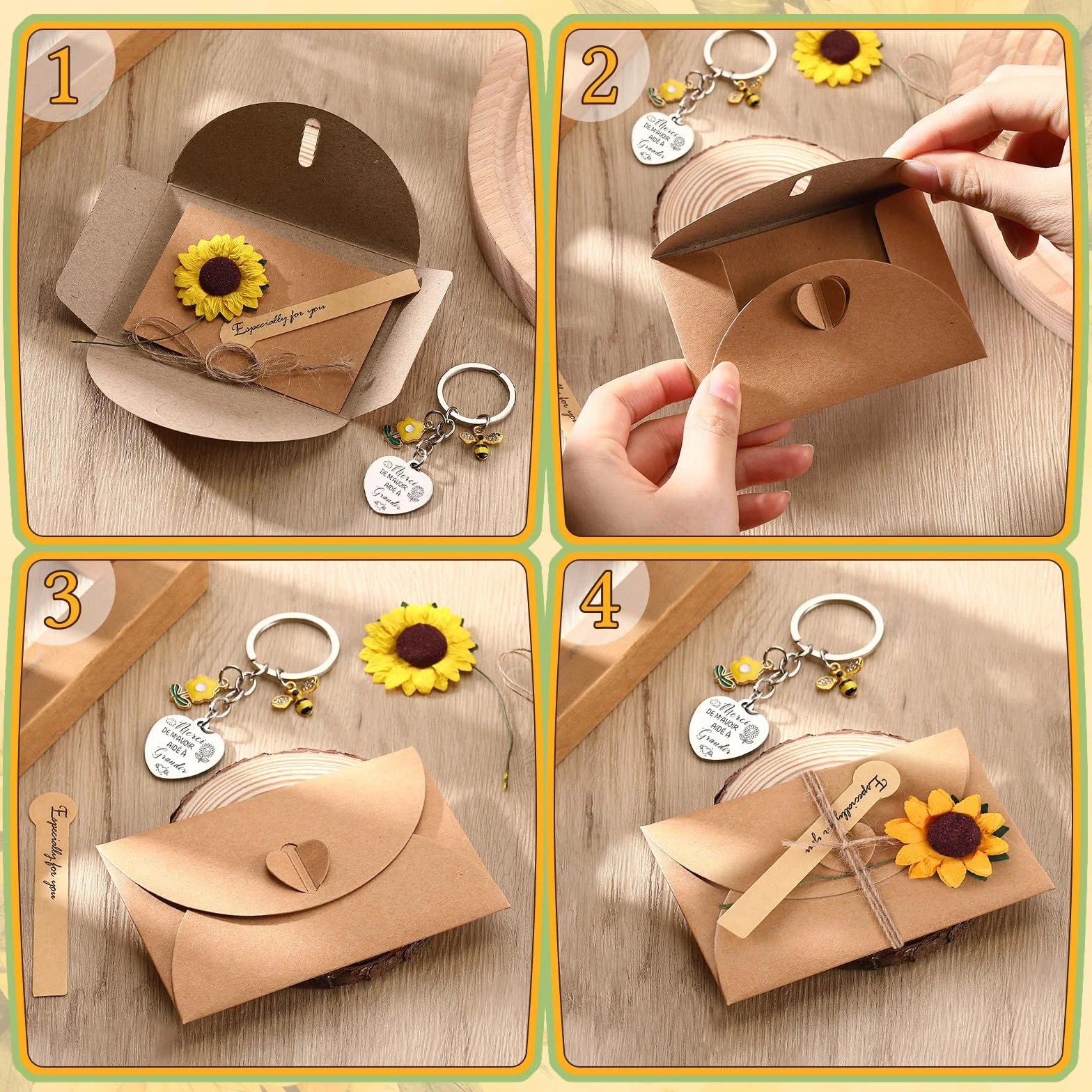 Mini Poupée Tournesol au Crochet avec Carte Porte-Clés pour Professeur, Carte de Vœux en Papier Kraft avec Fleurs Séchées