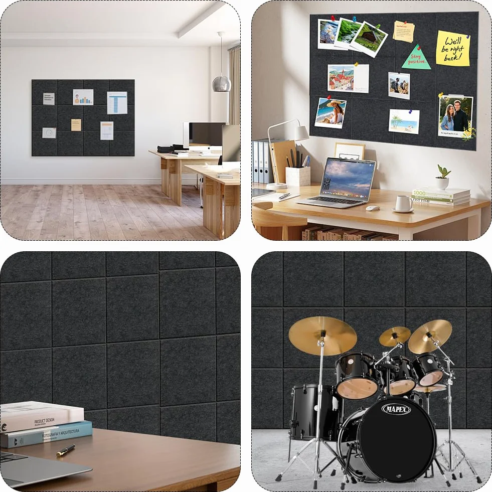 Lot de 12 tableaux d'affichage autocollants en feutre 30 x 30 cm - Carreaux muraux avec push-broches - Décoration murale