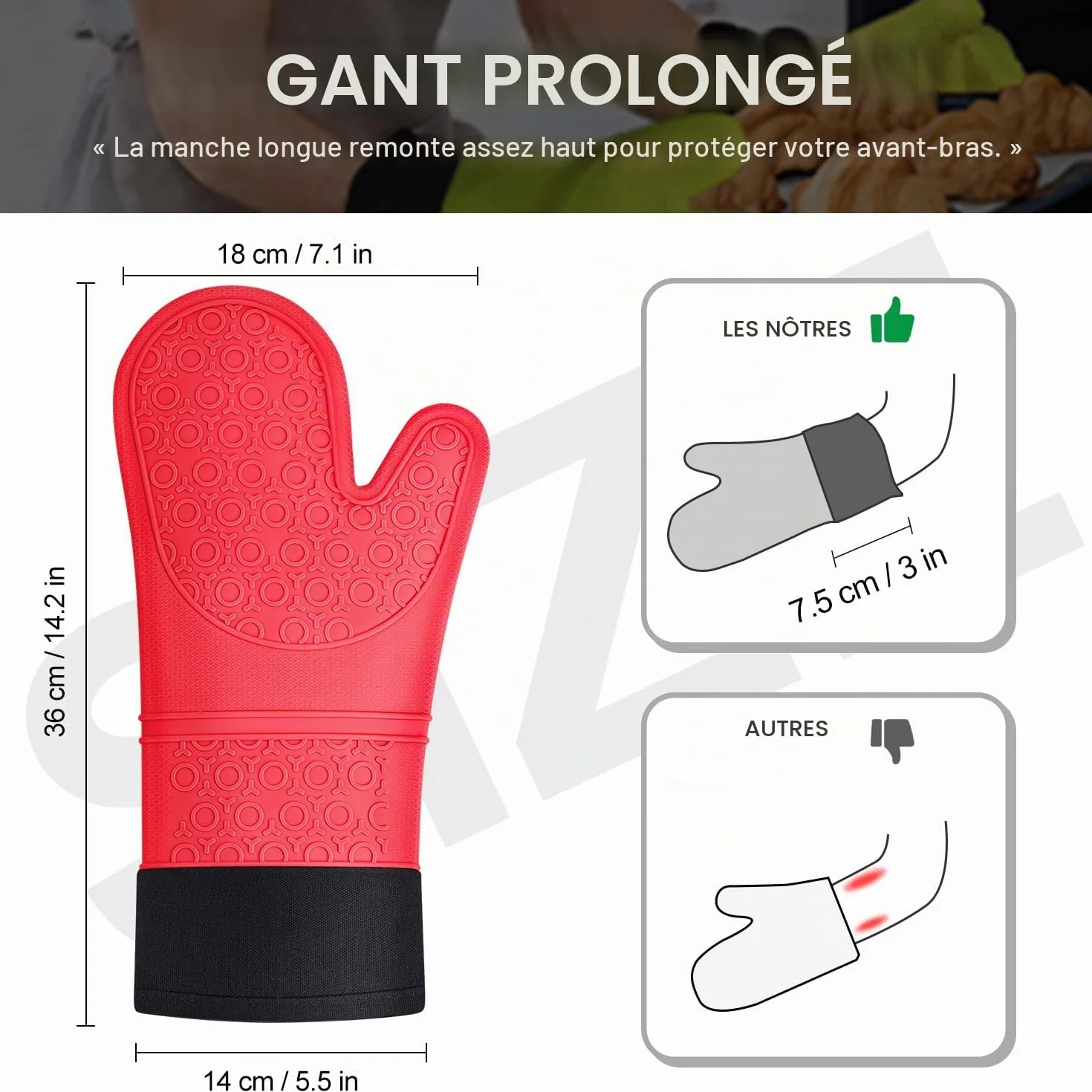 Sopito Gants de Four Résistant à la Chaleur Silicone Antidérapant Extra Long 1 Paire Rouge