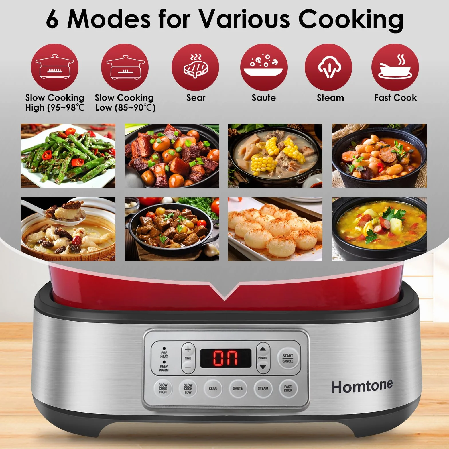 Homtone Mijoteuse électrique 6-en-1, 5,5L Multicuiseur Cocotte Amovible en Email, Revêtement Anti-adhésif en Céramique Saine Pour Cuisson Lente, Saisir, Sauter, Cuire à la Vapeur