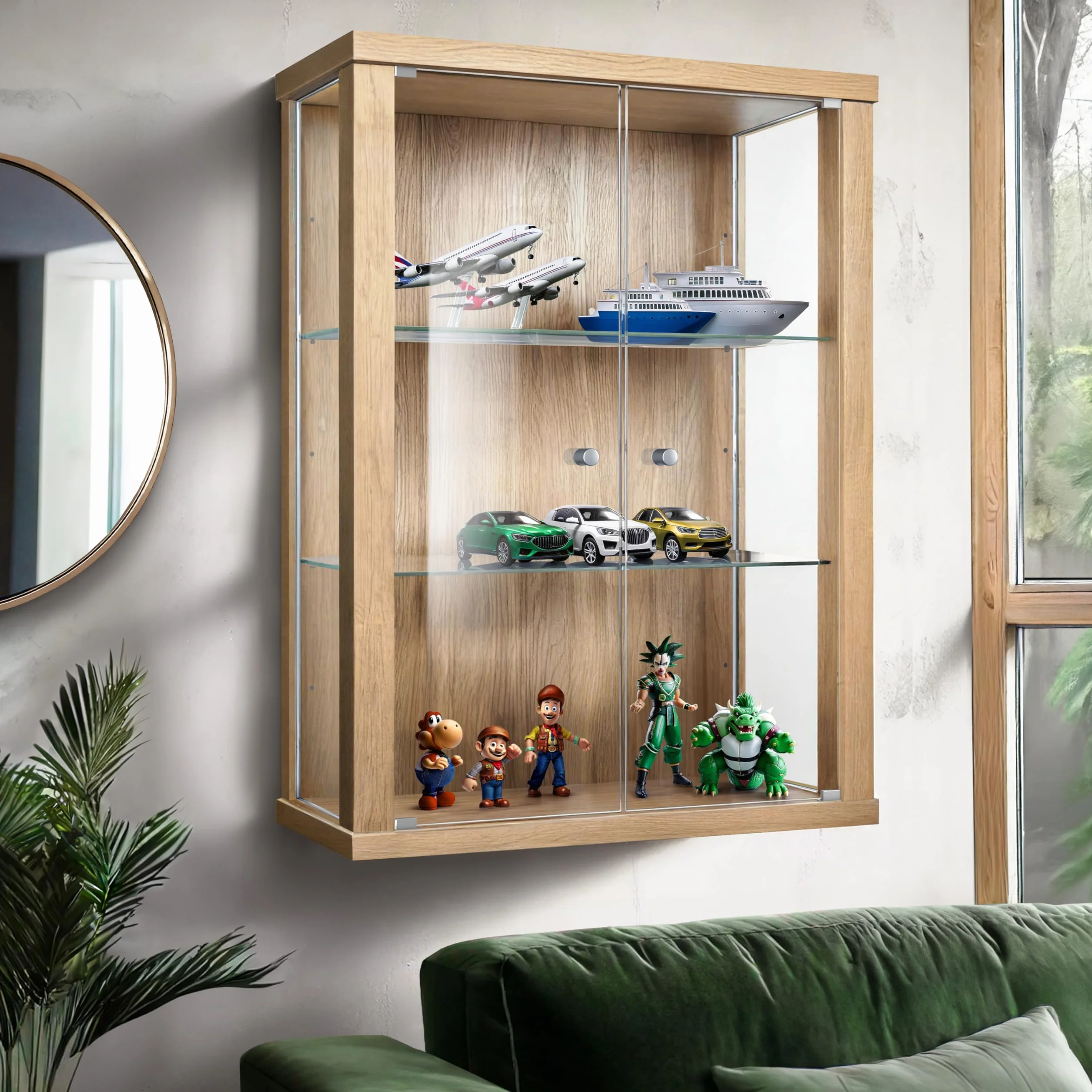 Vitrine Murale Verre (80x60x25cm) - Fabriqué en Allemagne - Petite Vitrine en Verre Suspendue avec 2 étagères réglables en Verre trempé (ESG) in Hêtre - armoires vitrées de présentation