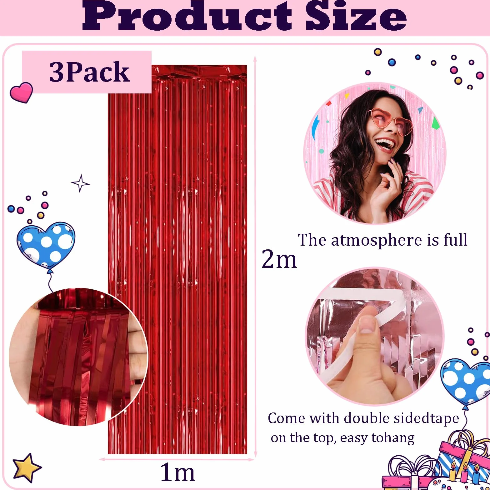 Rideau Métallique de Frange Rouge 1mx2m Scintillants Foil Decoration Anniversaire Photo Fond