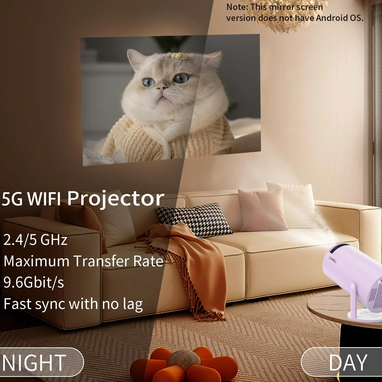LQWELL Mini projektor, obsługuje WiFi 5G i BT5.0, automatyczna korekcja trapezu, kąt 220 stopni, wyświetlacz 130 cali do telefonu/komputera/laptopa/Xboxa/sticka, obsługa 4K (No Android OS)