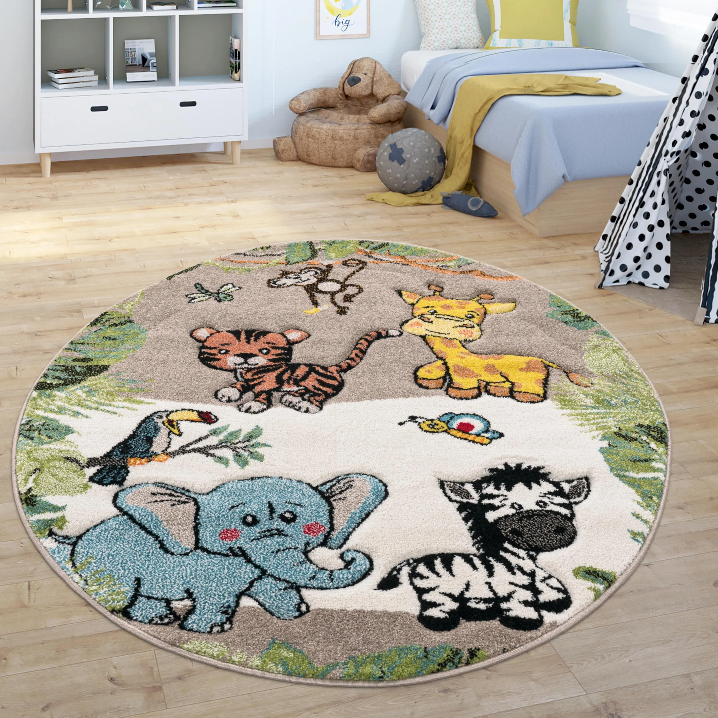 Paco Home Tapis Jungle Animaux Beige Crème 120 cm Rond