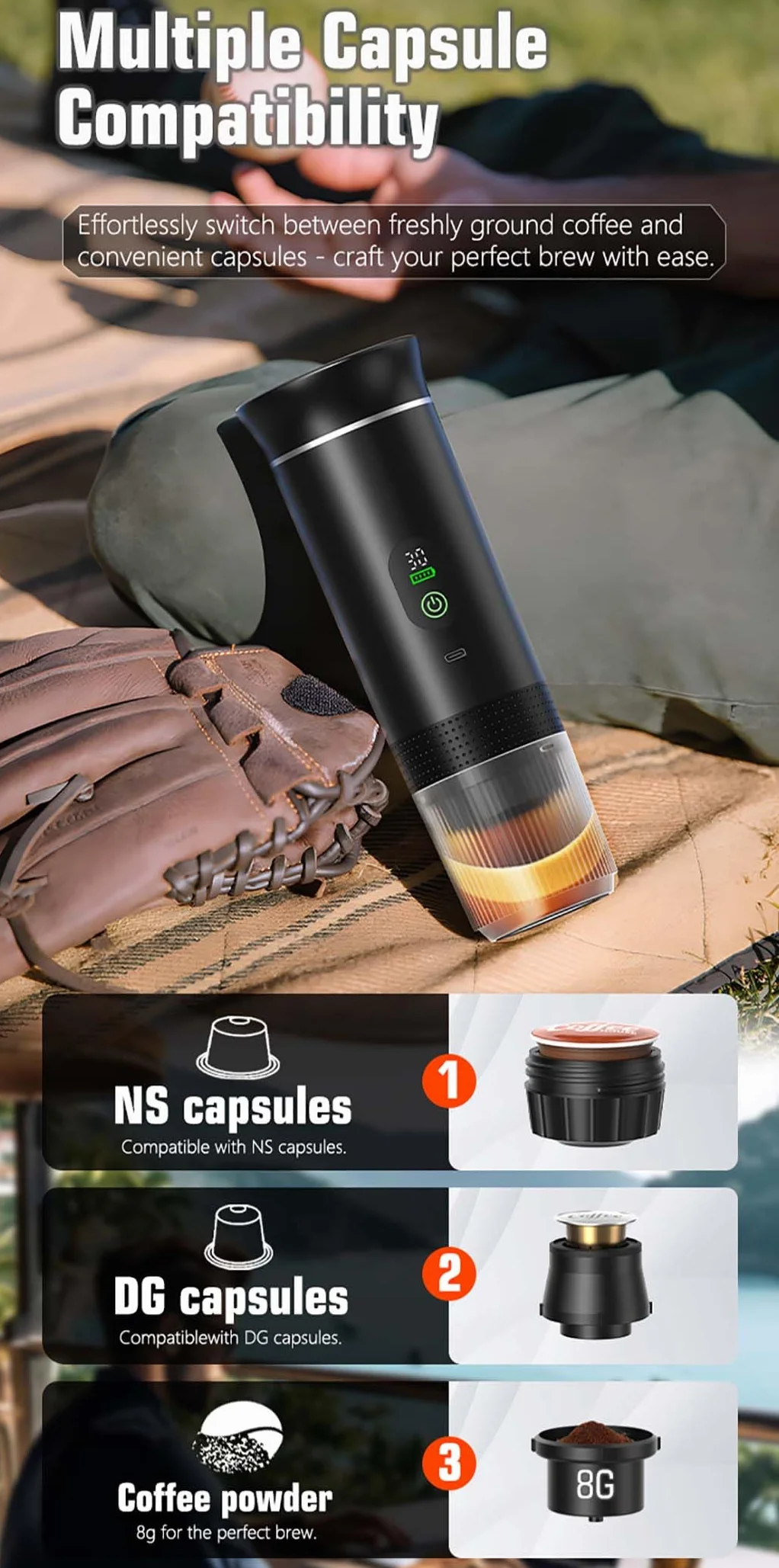 VHV Cafetière Portable 3 en 1,Rechargeable Cafetière Portable de Voyage,12V Expresso Machine a Cafe pour Capsule,Café Moulu,pour Camping,Voyage,Bureau,Voiture,Maison (Vert)