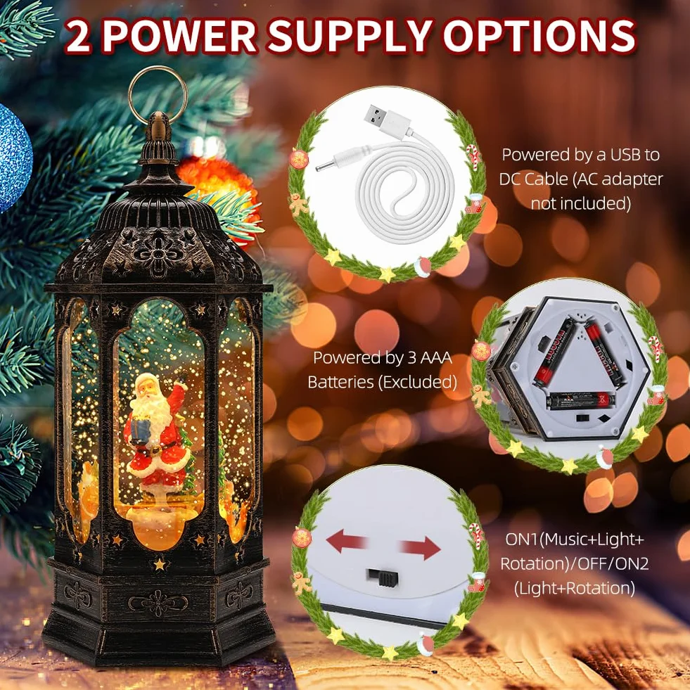 Lanterne Noel,Lanterne Boule à Neige Musicale LED de Noël,Lampe de Noel Lumineux Bonhomme et Flocon de Neige avec Christmas Songs, pour Décoration Noel Intérieure, Prise USB ou Alimenté par Pile