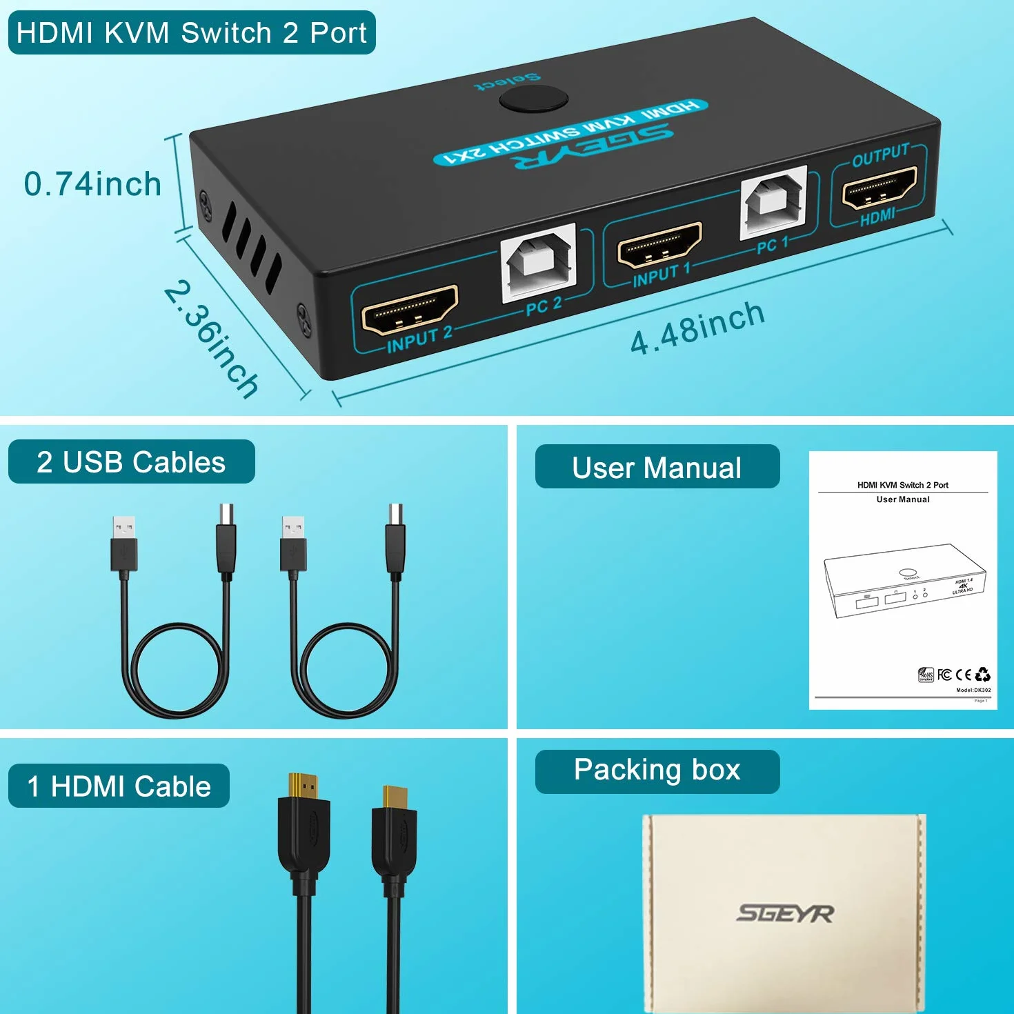 SGEYR 2x1 HDMI KVM przełącznik 4K 2 porty USB KVM przełącznik HDMI v1.4 2 w 1 Out metalowa obudowa z przełącznikiem myszy | Auto Scan|Zestaw kabli|Obsługa 4K @30Hz UHD 3D 1080P