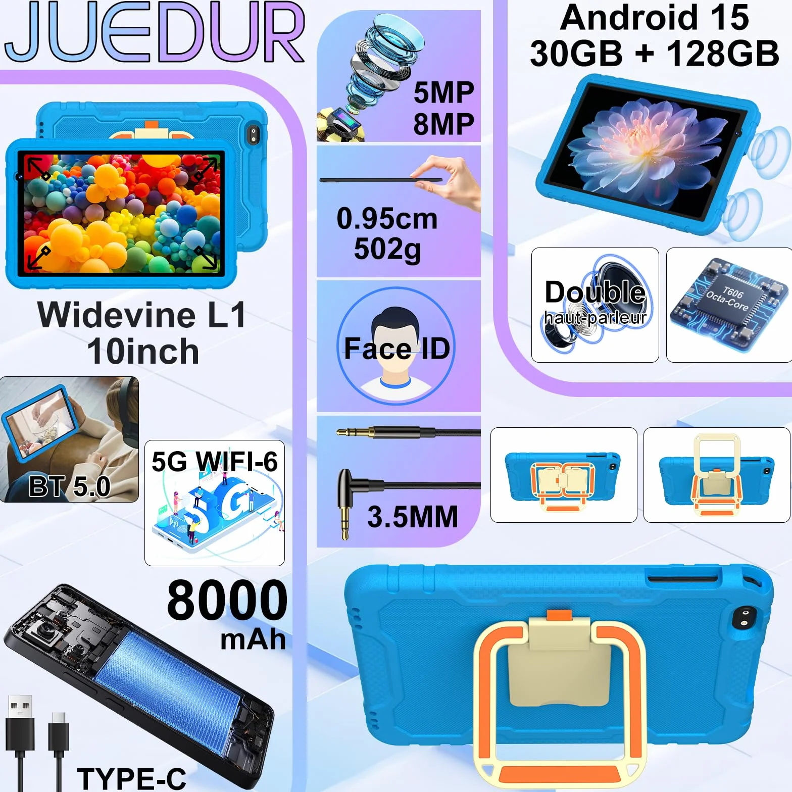 Tablette Enfants 10 Pouces Android 15 30+128 Go WiFi 6 8000 mAh Octa-Core Bleu