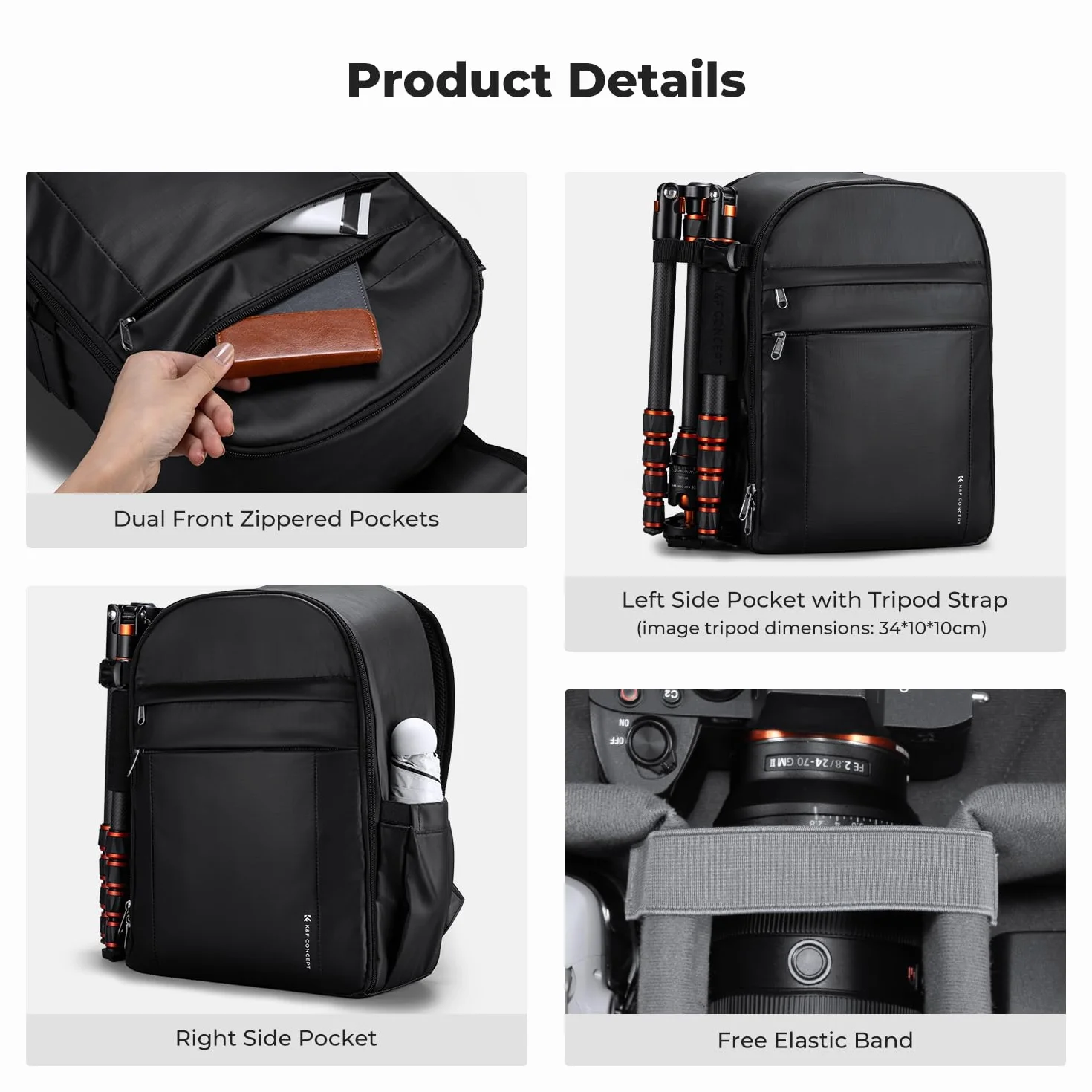 K&F CONCEPT Lekki i wodoodporny plecak na aparat 13 l do profesjonalnych zdjęć, kompatybilny z Sony Canon Nikon, w zestawie przednie kieszenie i uchwyt na statyw