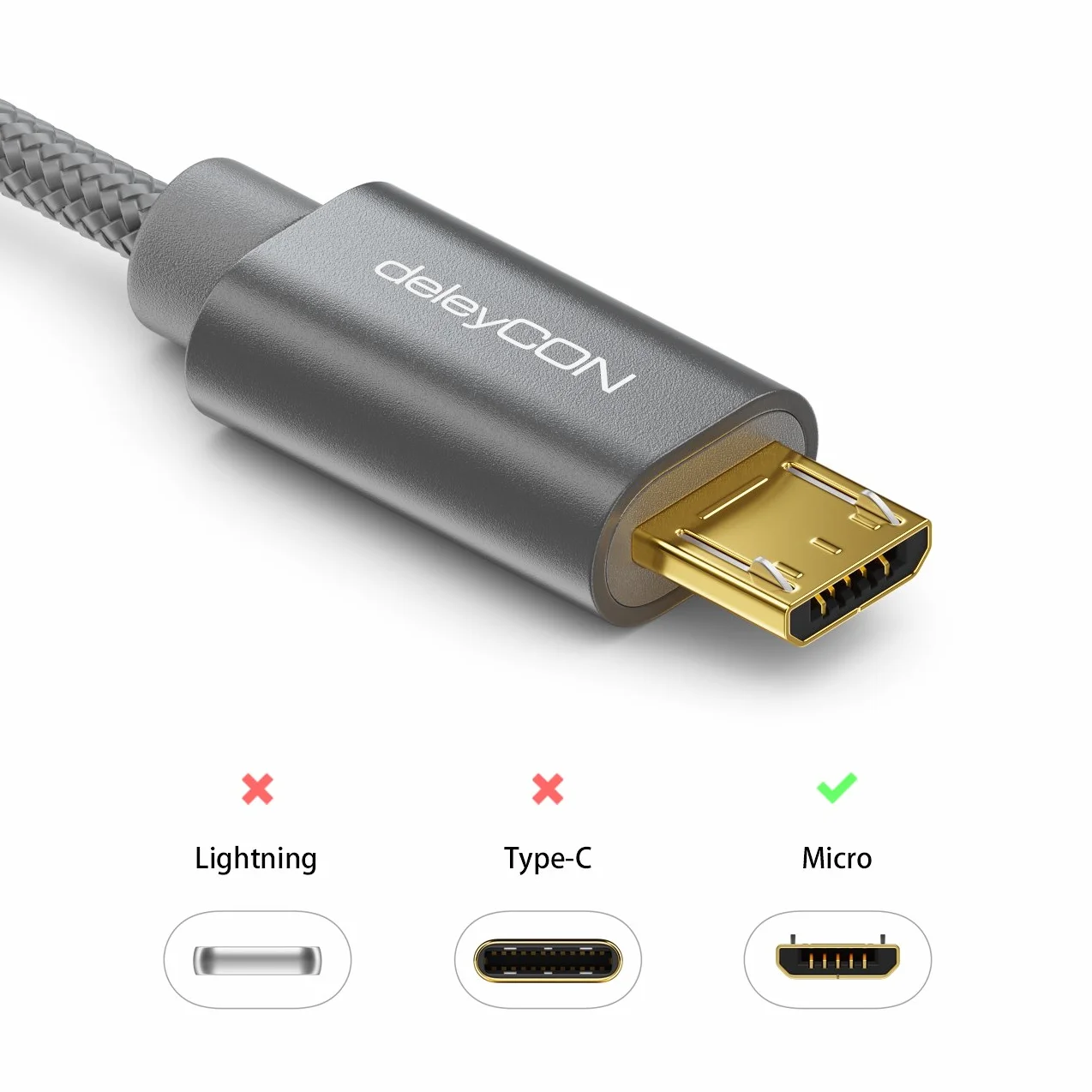 deleyCON Micro USB Kabel 3,0m z Nylonem + Metalowymi Wtykami - Kabel Ładowania Przewód Danych Szybkie Ładowanie do Smartfona, Tabletu, PC, Laptopa, Notebooka - Szary