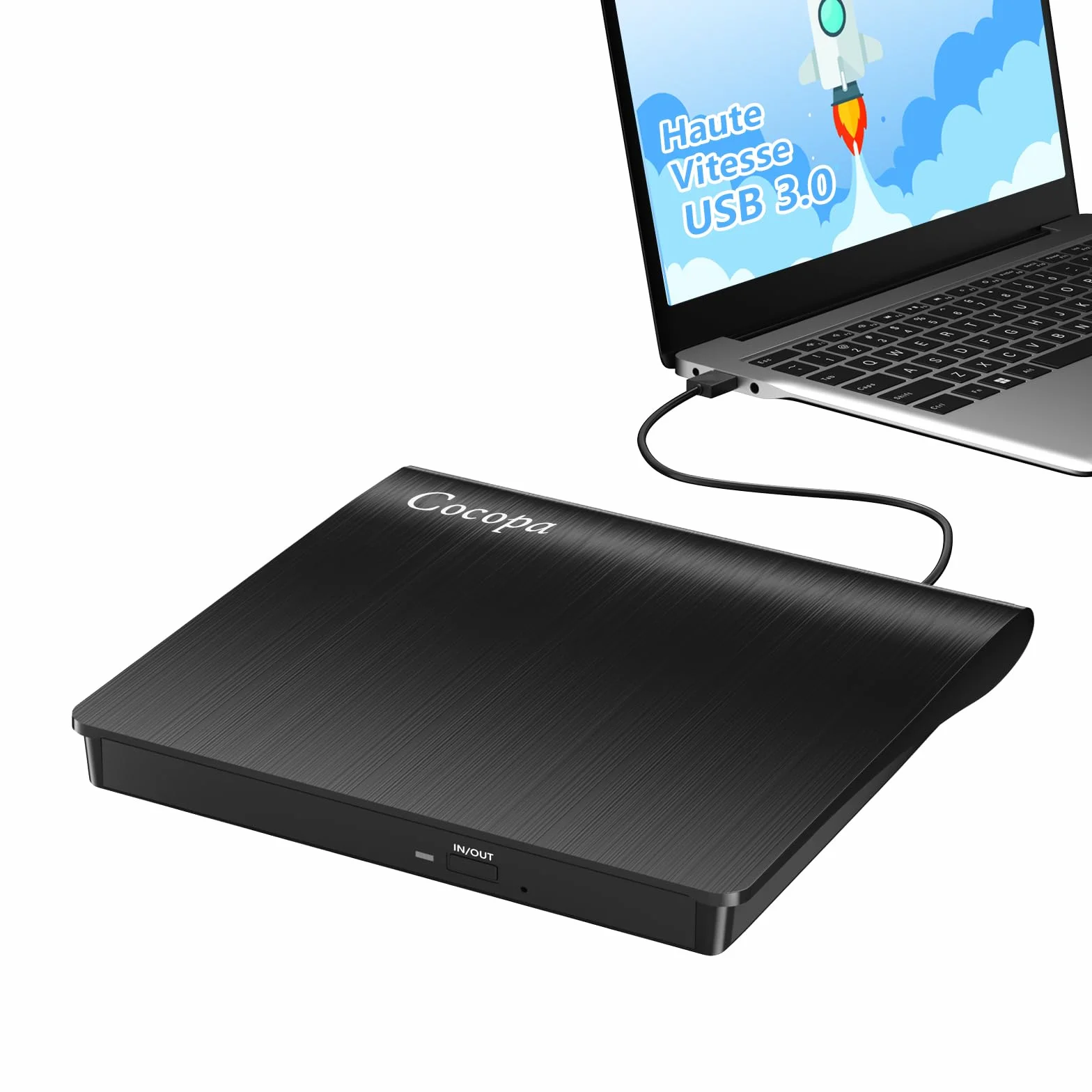 Cocopa Lecteur CD/DVD Externe USB 3.0 Graveur Enregistreur Portable Mince pour PC Mac