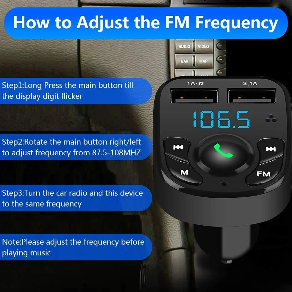 MKOIJN Samochodowy nadajnik FM Bluetooth Radio Adaptery Zestaw głośnomówiący Samochód MP3 Audio Odtwarzacz Ładowarka samochodowa z 2 portami USB (5V/2,4A i 1A)