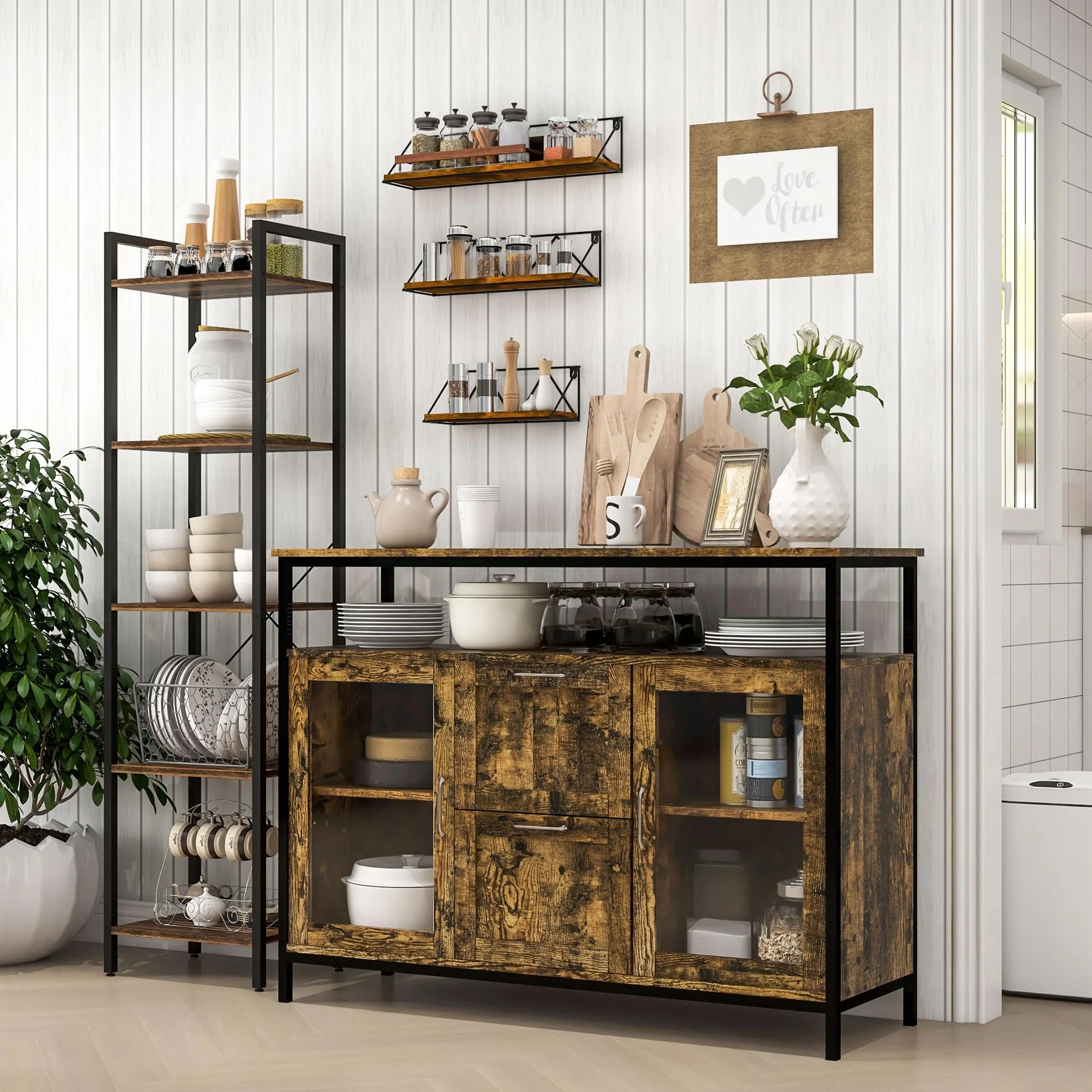 HOMCOM Étagère bibliothèque Style Industriel H154 cm 5 étagères Acier Noir Panneaux Particules Aspect Bois Vieilli