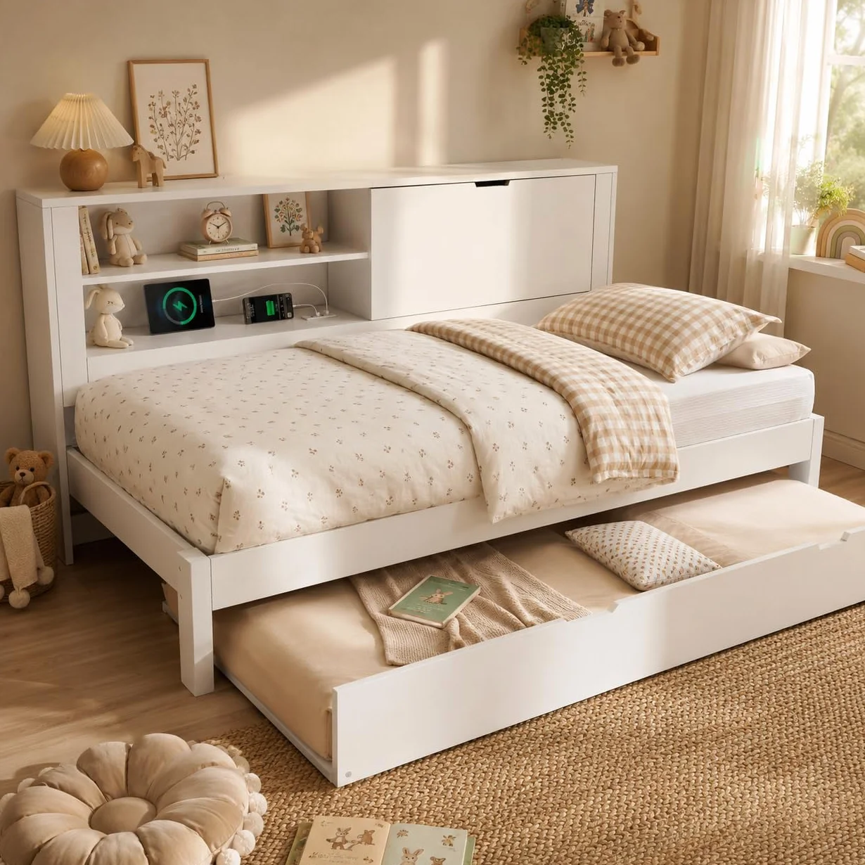 Zepneiy Lit 90x200 avec gigogne 90x190, Canapé lit avec Panneau arrière de Rangement et Compartiment Ouvert, Lit Enfant avec Station de Charge USB-C et sommier à Lattes, Blanc(sans Matelas)