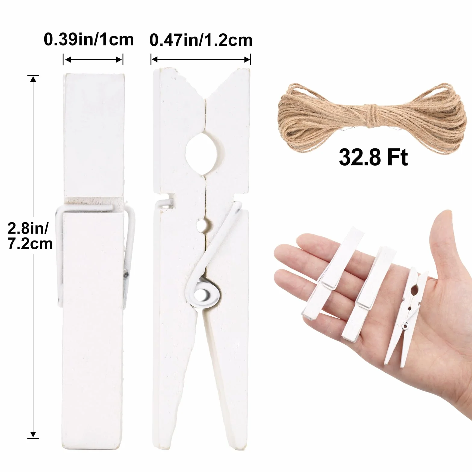 Lot de 50 pinces à linge en bois blanc 7 cm avec ficelle jute 10 m - Décoration mariage Noël travaux manuels