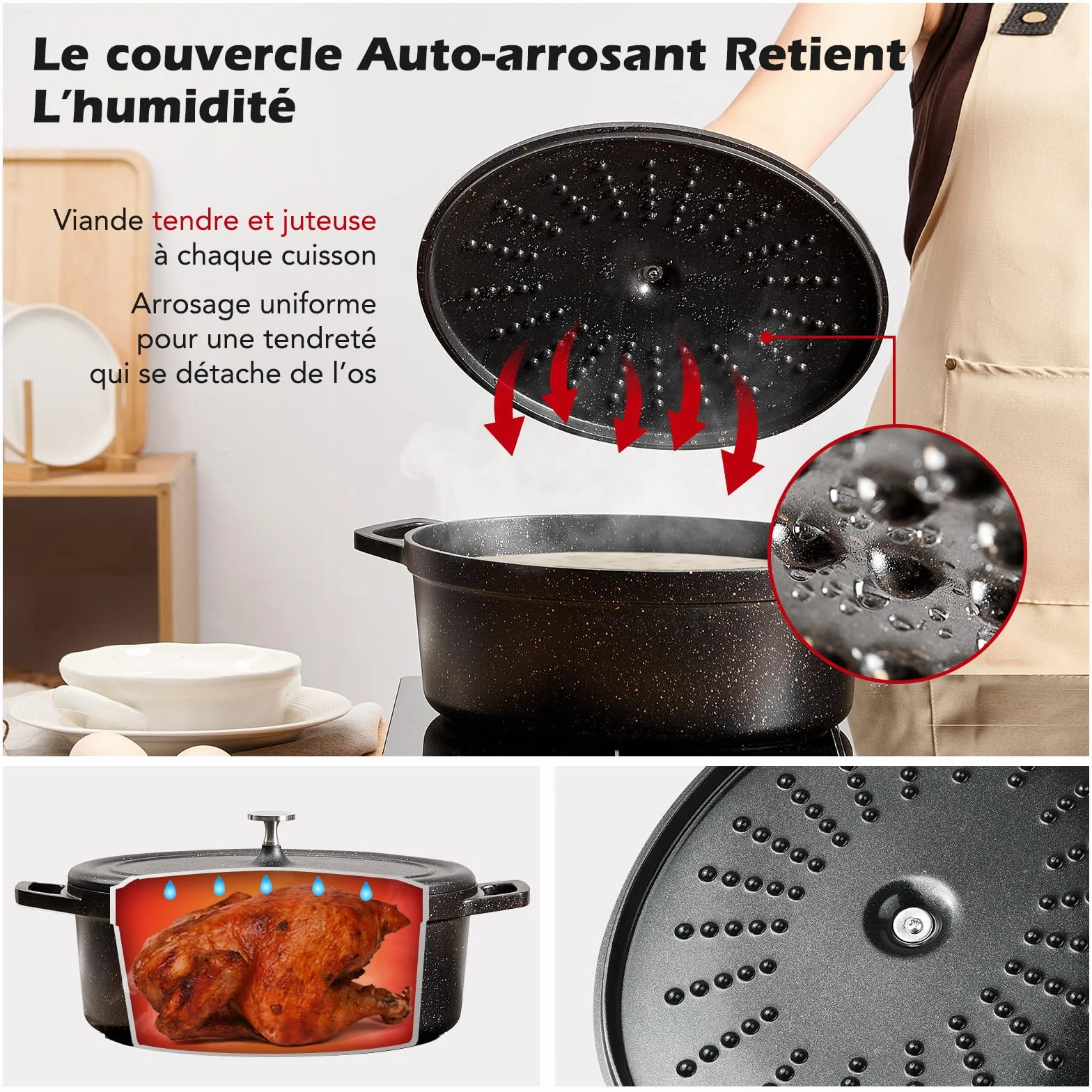Cocotte Fonte Induction 11 Litres 38cm Ovale Faitout en Fonte d’Aluminium avec Revêtement Antiadhésif, Marmite avec Couvercle, Idéale pour les Grandes Familles, Four et Gaz, Noir