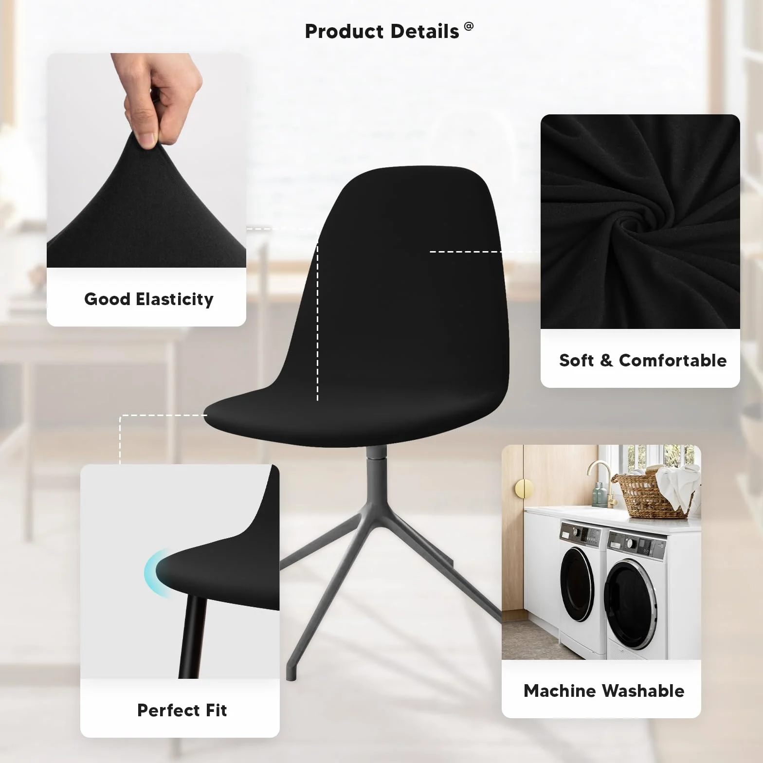 Housse de Chaise Scandinave 4 Pièces Universel Lavable Extensible Noir