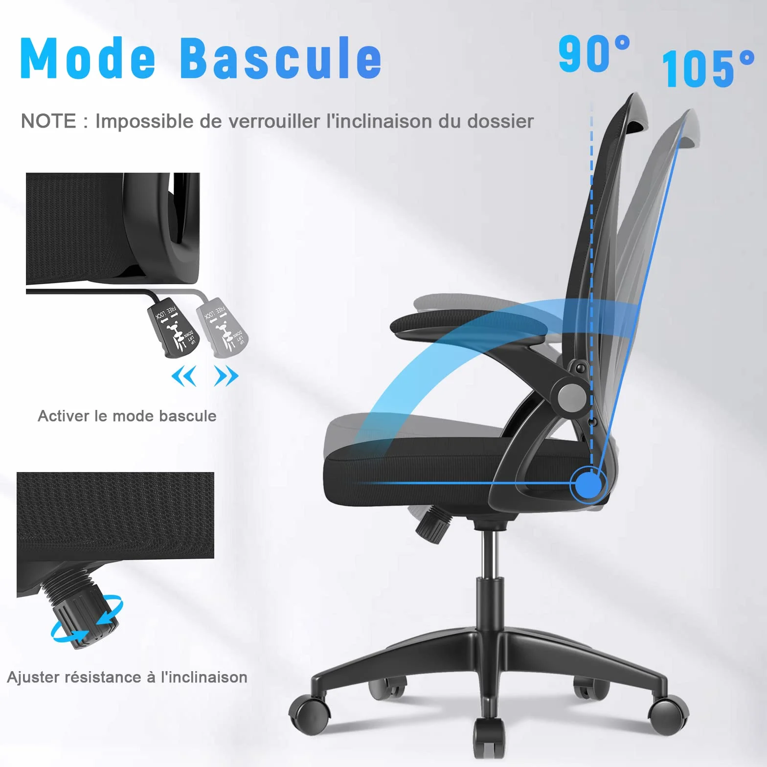 Fauteuil de Bureau en Maille Respirante avec Accoudoir Relevable et Soutien Lombaire, Noir