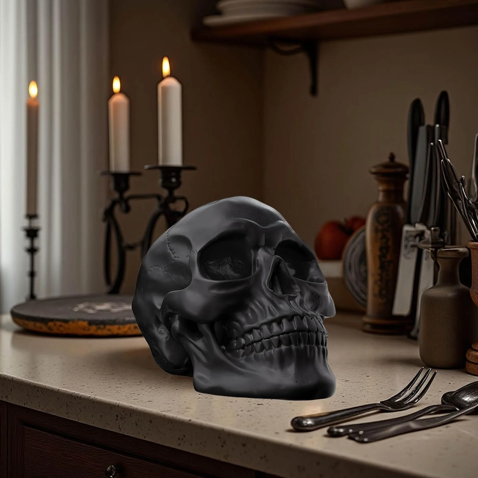 Crâne d'Halloween Statue en Résine Décoration Intérieur Rétro Noir