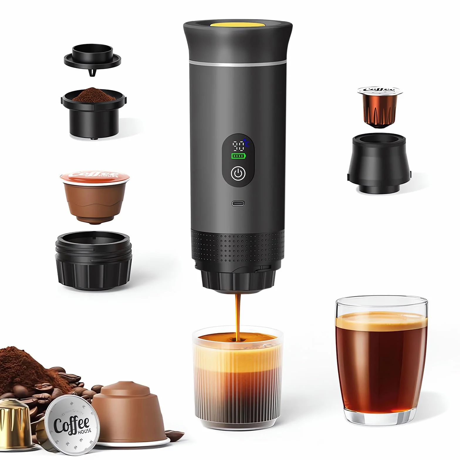Machine à Cafe Portable,3 En 1 Cafetière à Expresso Chauffage Électrique,Rechargeable,Pour Camping et Voiture,Chauffage Rapide,compatible avec Capsules K-Cup et café moulu,Pour voyage