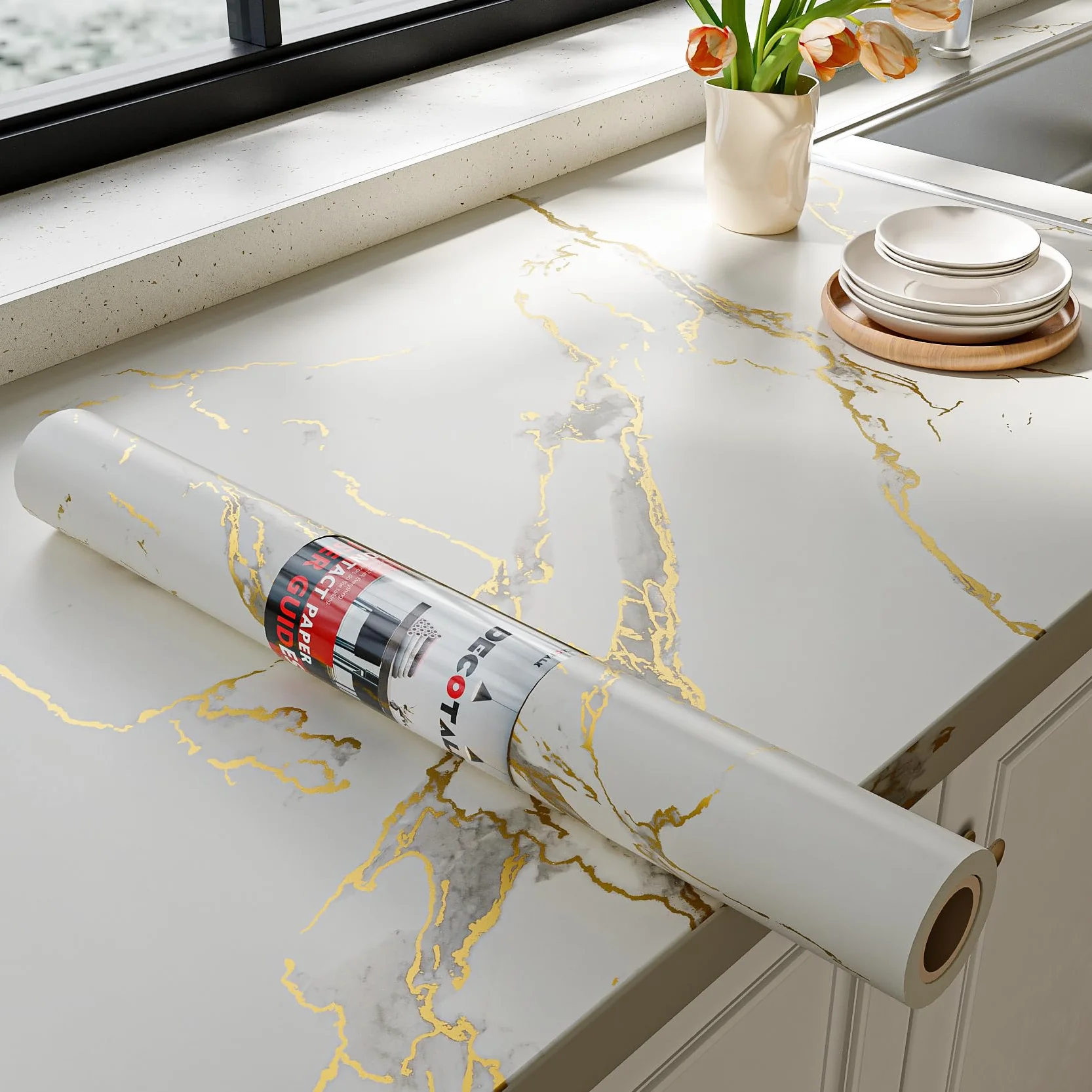 Film Adhésif Marbre Blanc Or 81x300cm pour Meuble Plan de Travail Cuisine Salle de Bain Imperméable