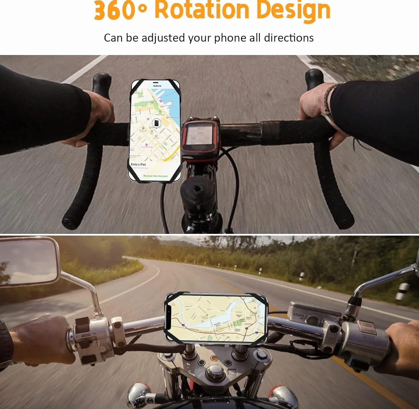 Uniwersalny uchwyt na telefon na rower i motocykl z aktywną amortyzacją drgań, 360° obrotowy, odpinany, montaż na kierownicę MTB – kompatybilny ze smartfonami 4,5–7,0” (iPhone, Samsung) – czarny