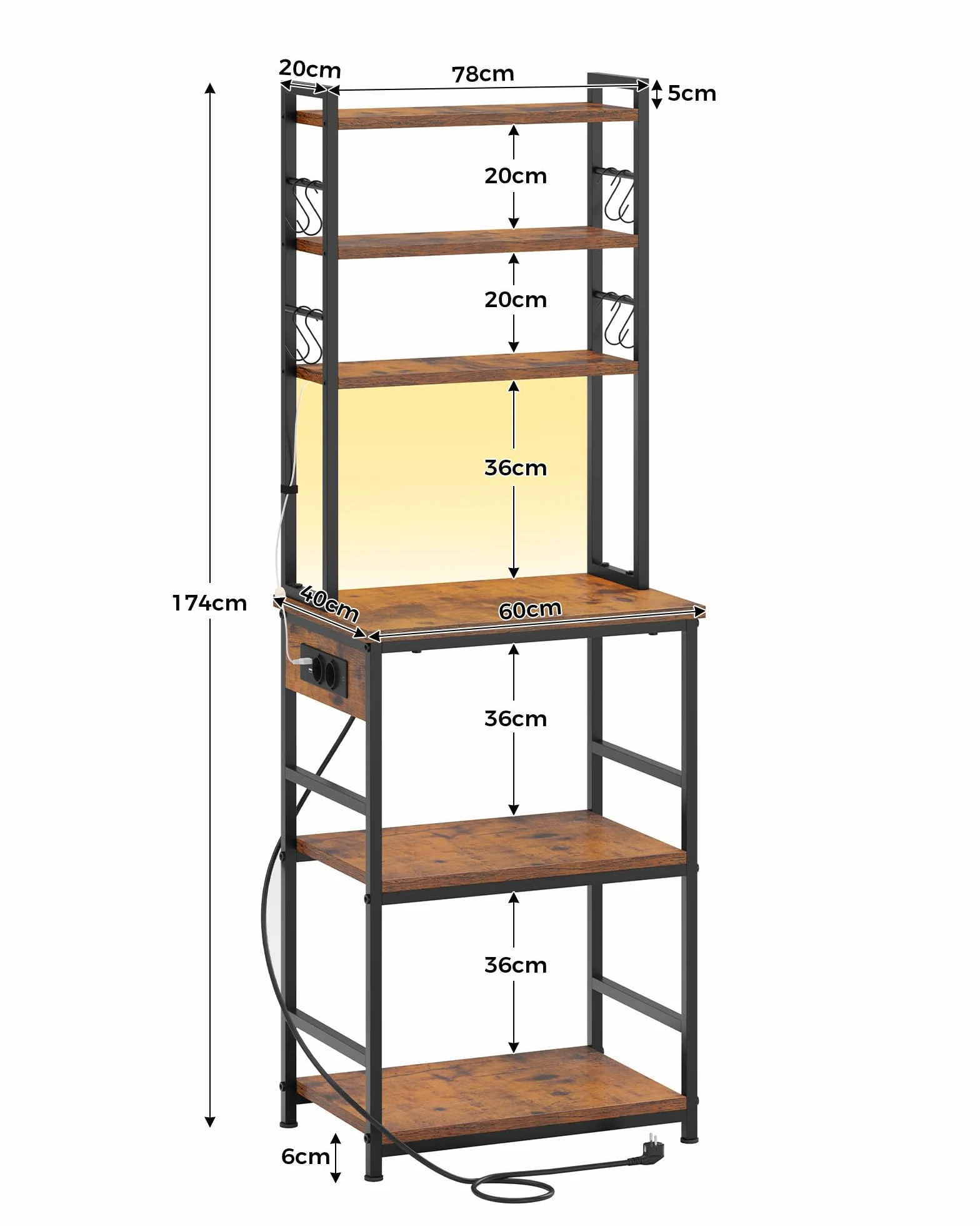 KIMENICH Étagère de Cuisine, Meuble de Cuisine avec LED et Multiprise, Étagère à Micro-Ondes à 6 Niveaux avec 8 Crochets en S, pour Cuisine, Salon, 40 * 60 * 174 cm, Marron