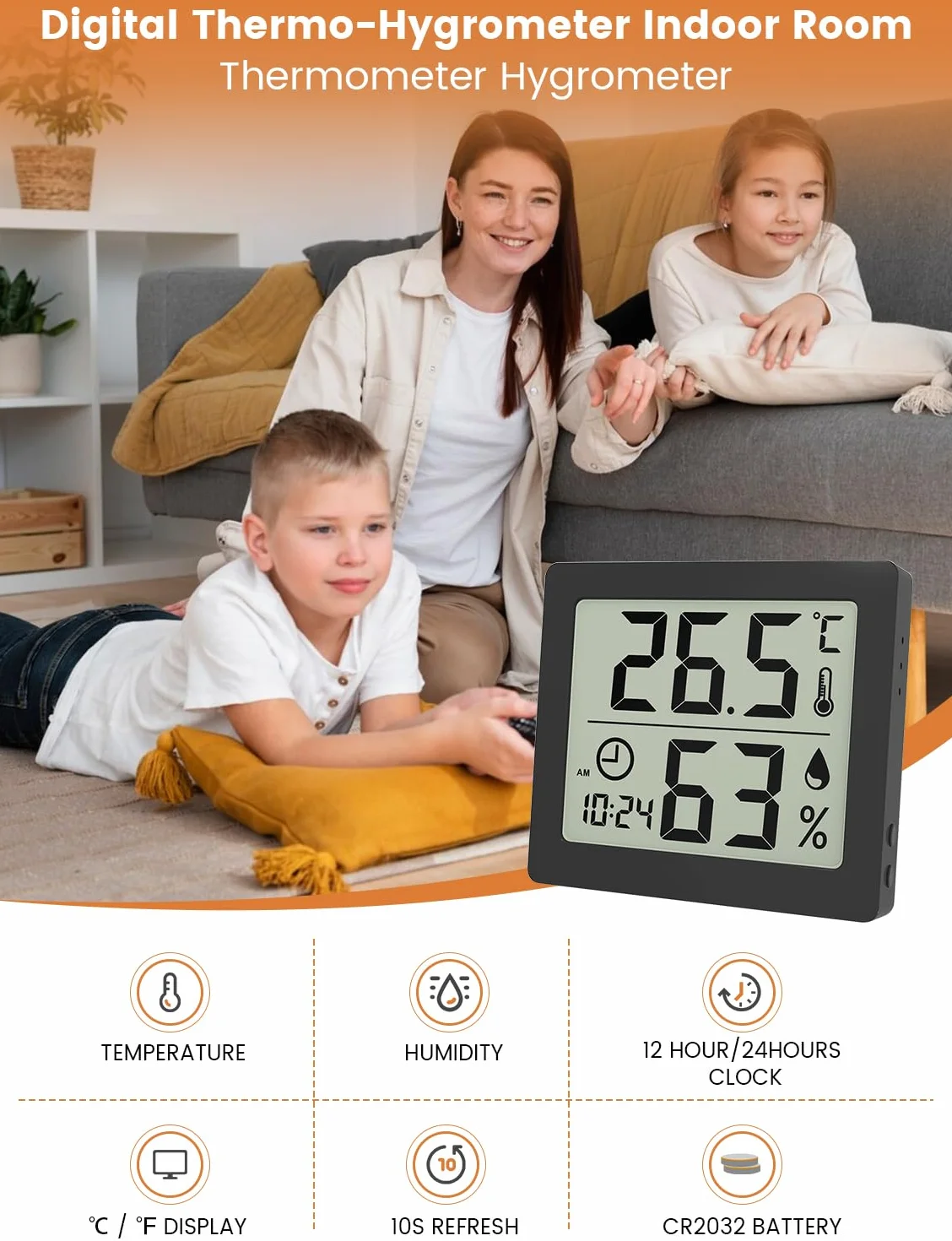 Thermomètre/Hygromètre Numérique Grand Écran LCD 3,1" Intérieur Moniteur Température Humidité avec Horloge Noir