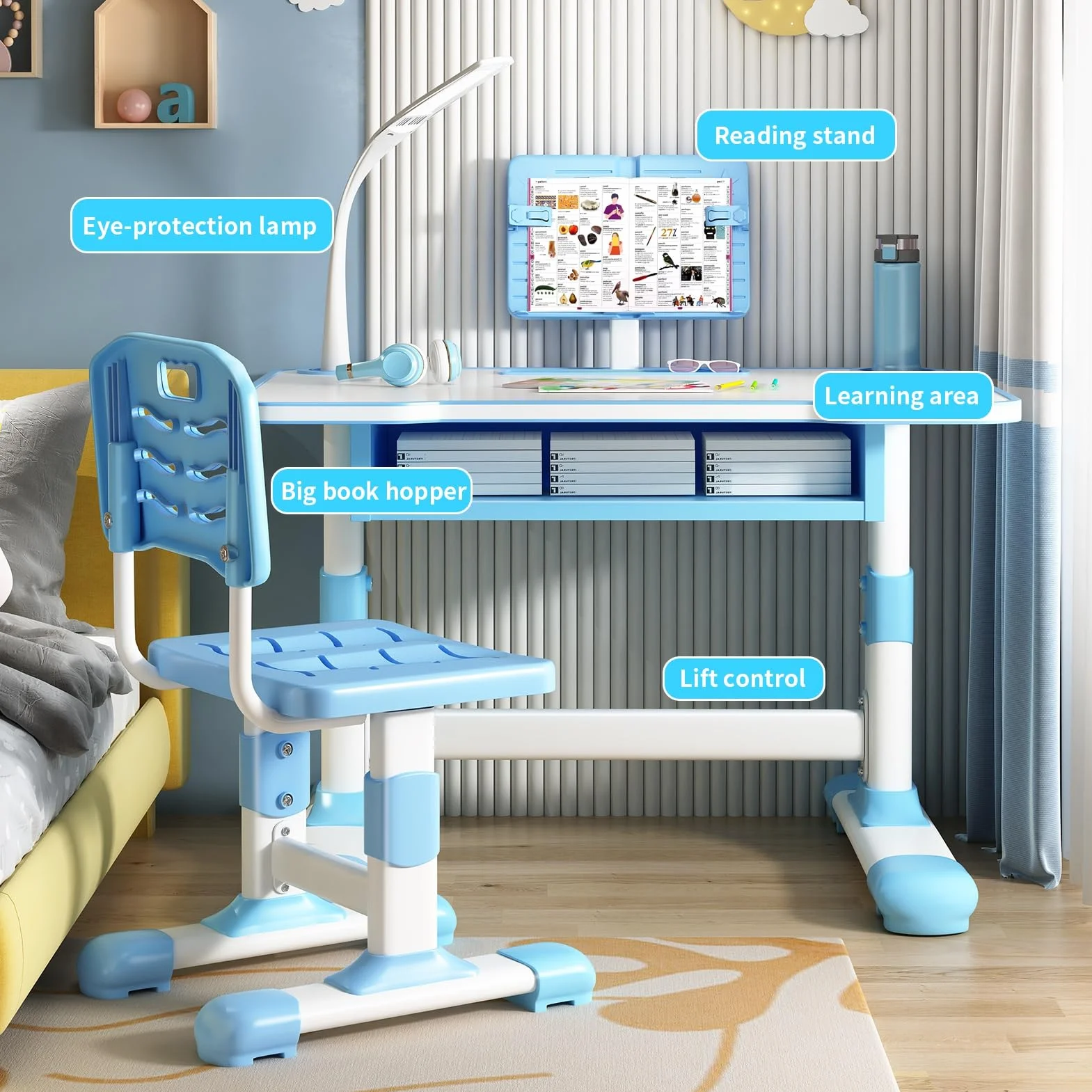 Ensemble bureau et chaise réglable hauteur, support lecture inclinable, tiroir extra large, lampe LED pour enfants 3-18 ans, école, maison, bleu