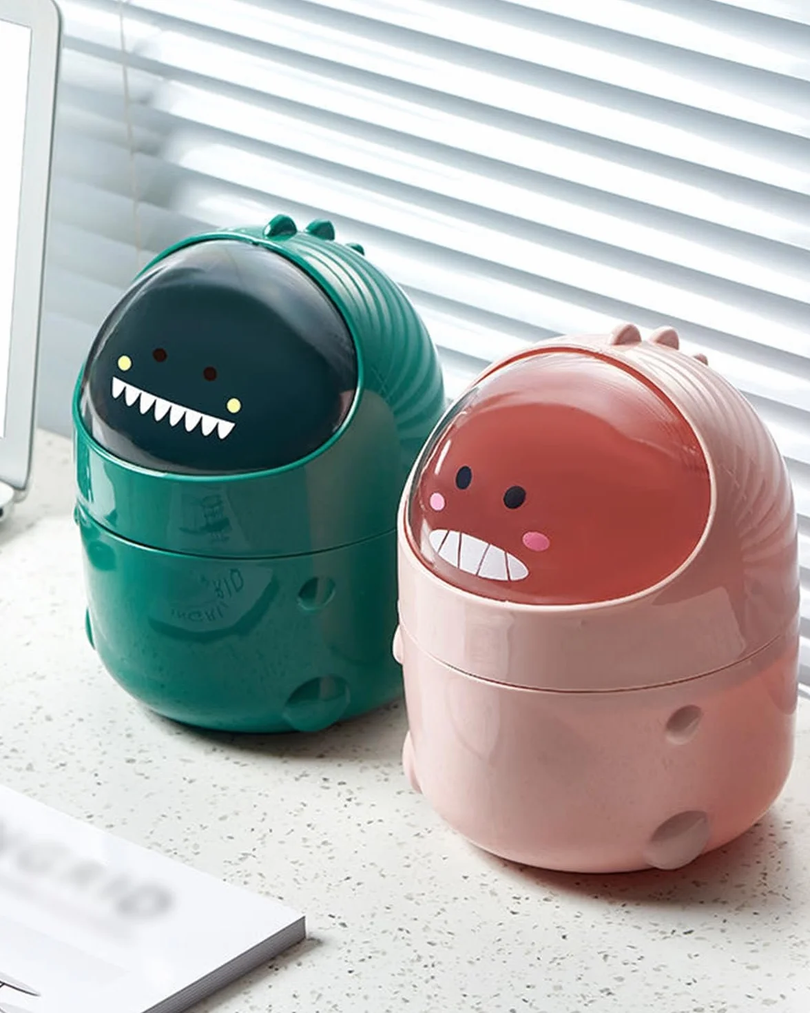 Mini poubelle de table motif dinosaure - Corbeille à papier kawaii - Boîte de rangement bureau vert
