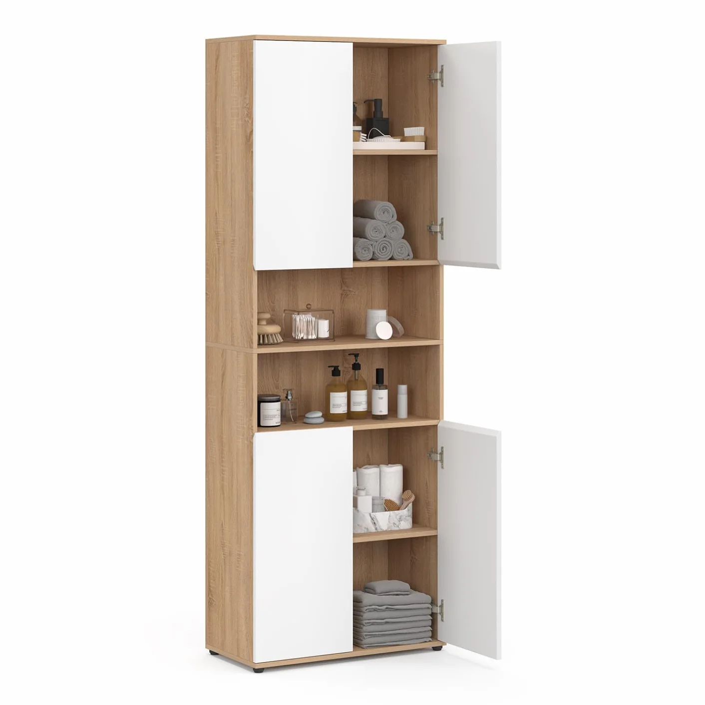 IDMarket - Meuble Armoire Colonne Salle de Bain TOMI 4 Portes 2 niches façon hêtre et Blanc