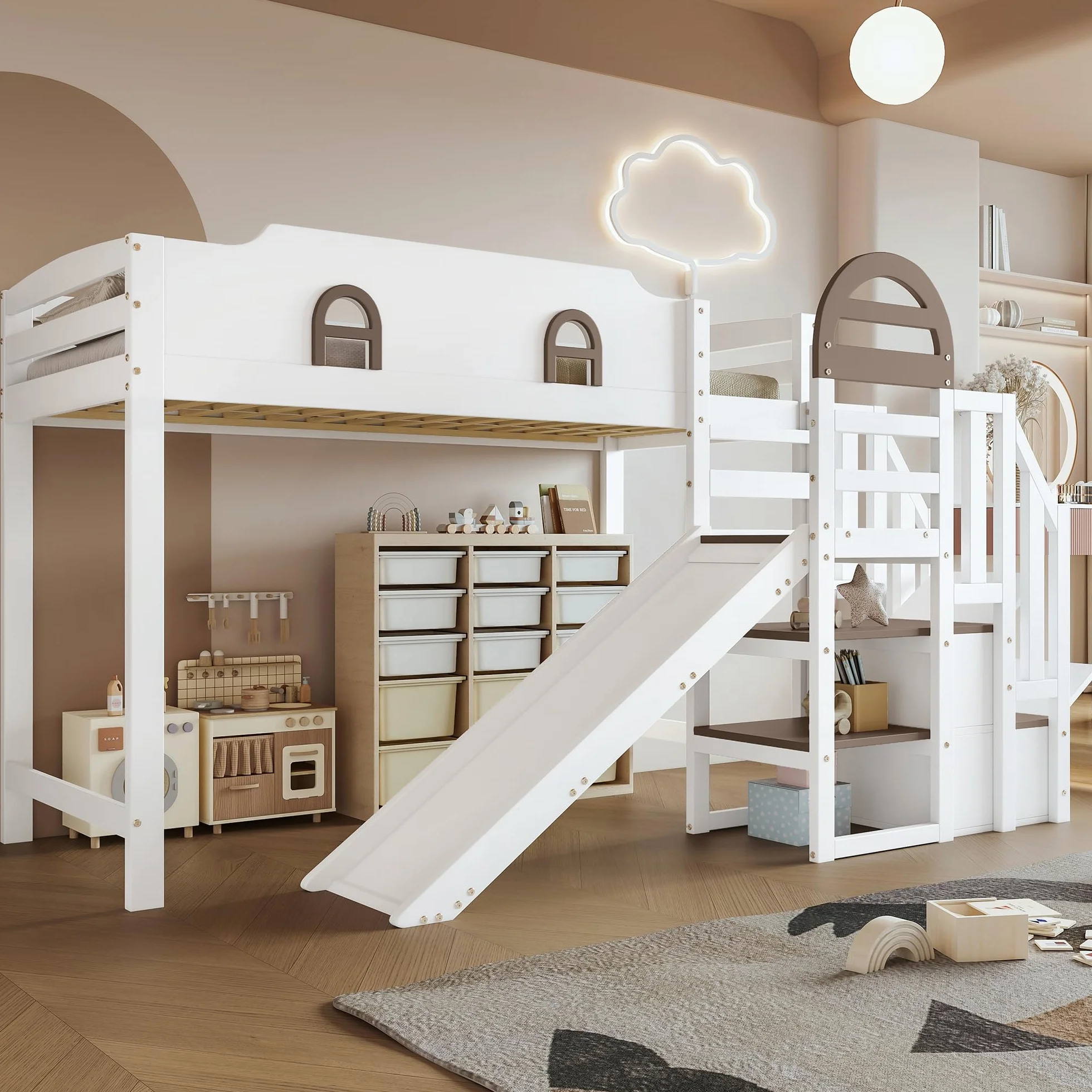 Zepneiy Lit Enfant 90x200 avec Toboggan et Rampe, Lit Superposé Enfant avec 2 casiers dans l'escalier et fenêtre, Pin et MDF Blanc (sans Matelas)