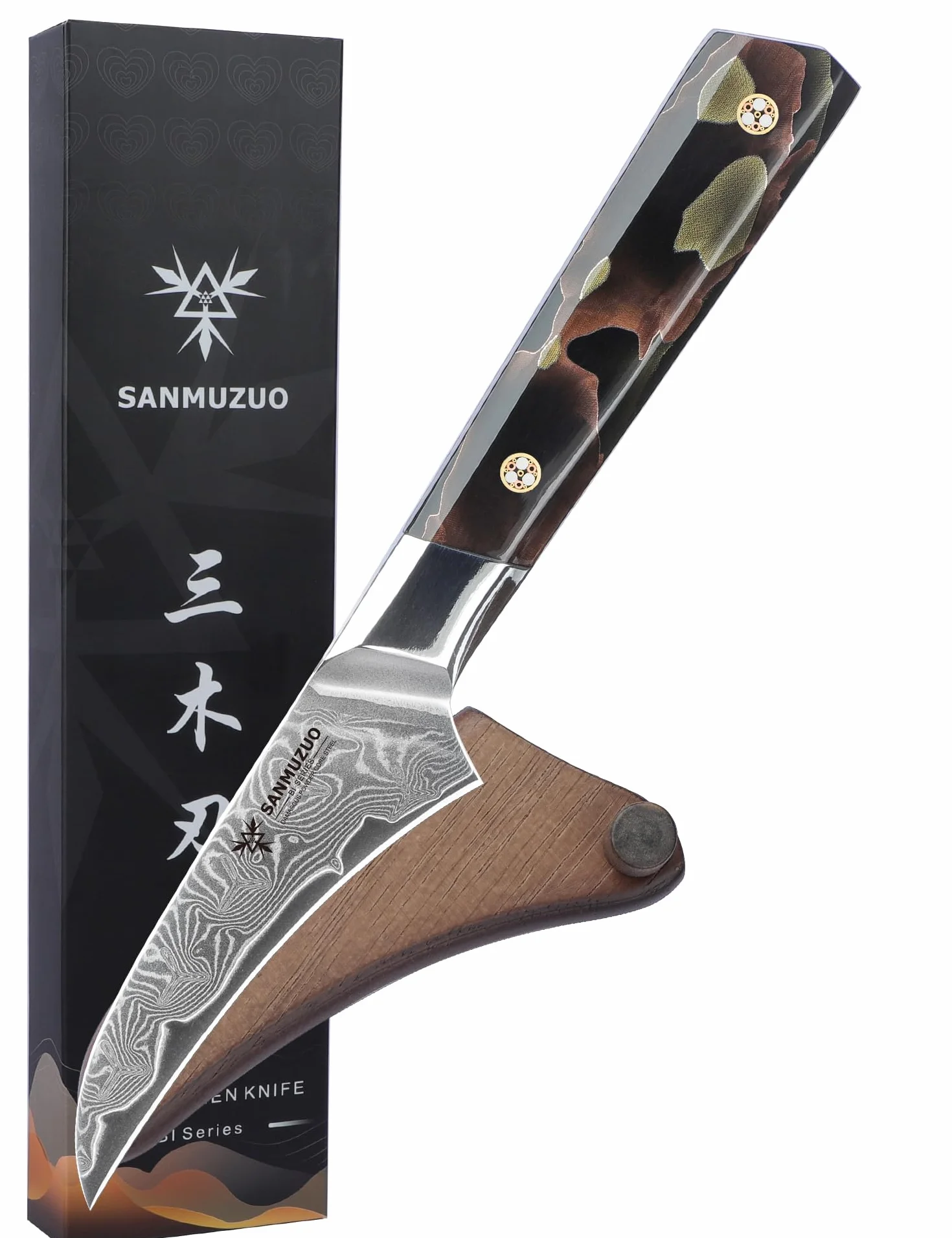 Couteau d'office 9 cm, couteau à éplucher professionnel, acier Damas ultra tranchant avec manche en résine pleine soie, série BI