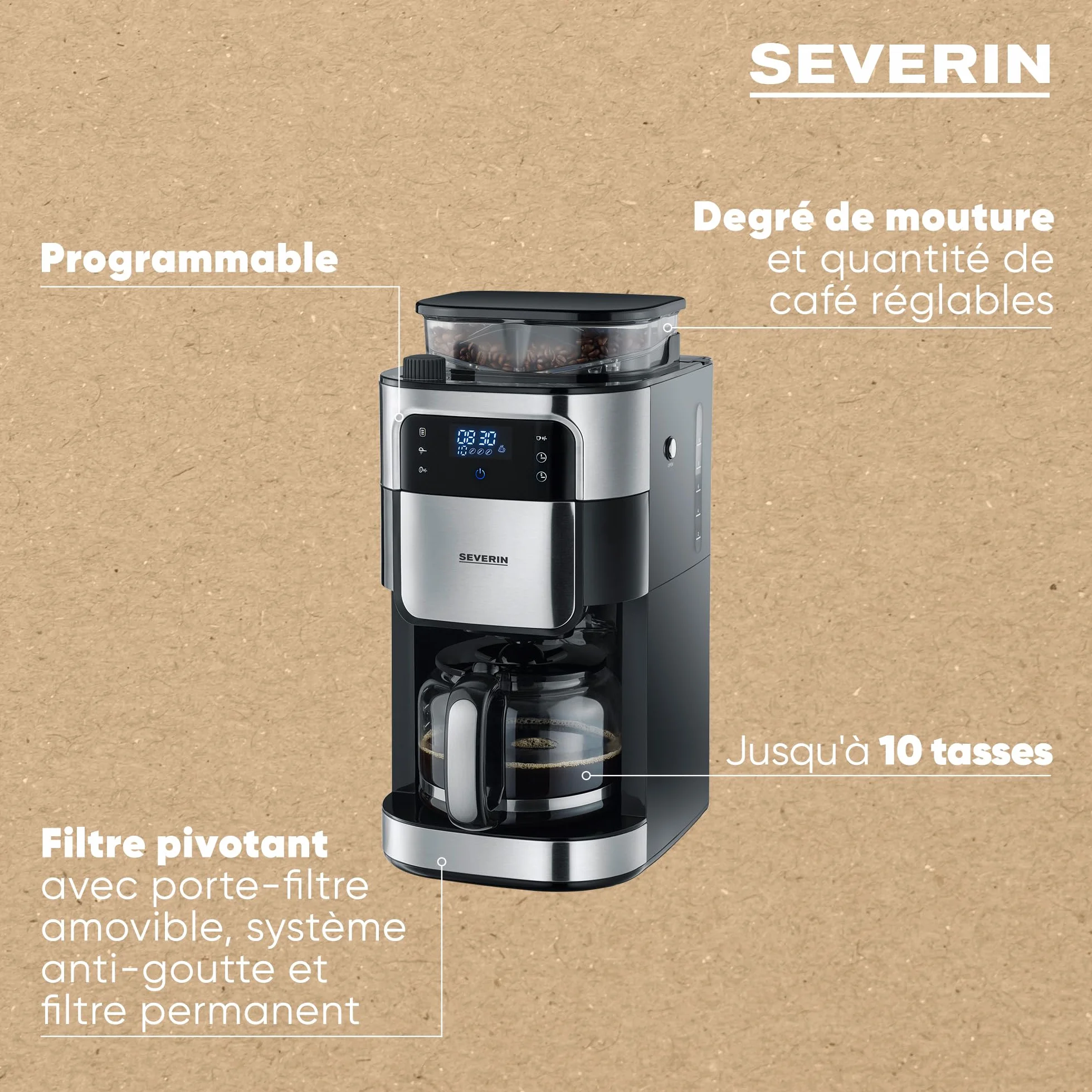 SEVERIN Cafetière Filtre Avec Broyeur, 1 000W, 1,4L, Jusqu'à 10 tasses, Sélecteur d'arôme, Ecran tactile, Inox Brossé/Noir,KA 4813, 43.50