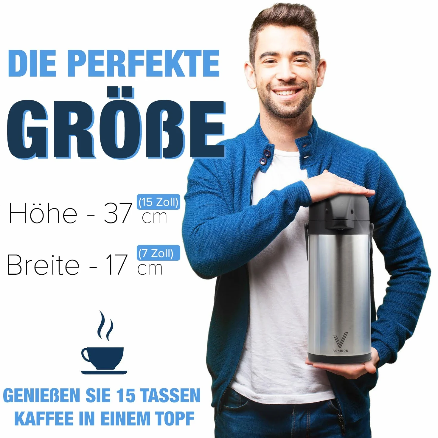 Vondior Carafe à café thermique 2,5 L, cafetière à pompe isolée en acier inoxydable, théière sous vide pour eau chaude/froide, boissons au chocolat de fête